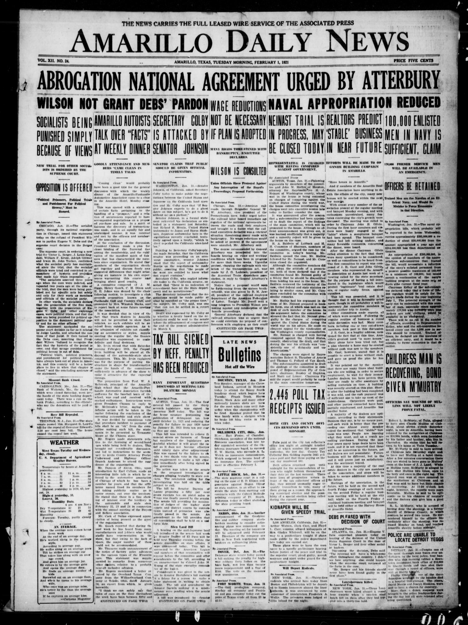 Amarillo Daily News (Amarillo, Tex.), Vol. 12, No. 24, Ed. 1 Tuesday, February 1, 1921
                                                
                                                    [Sequence #]: 1 of 8
                                                