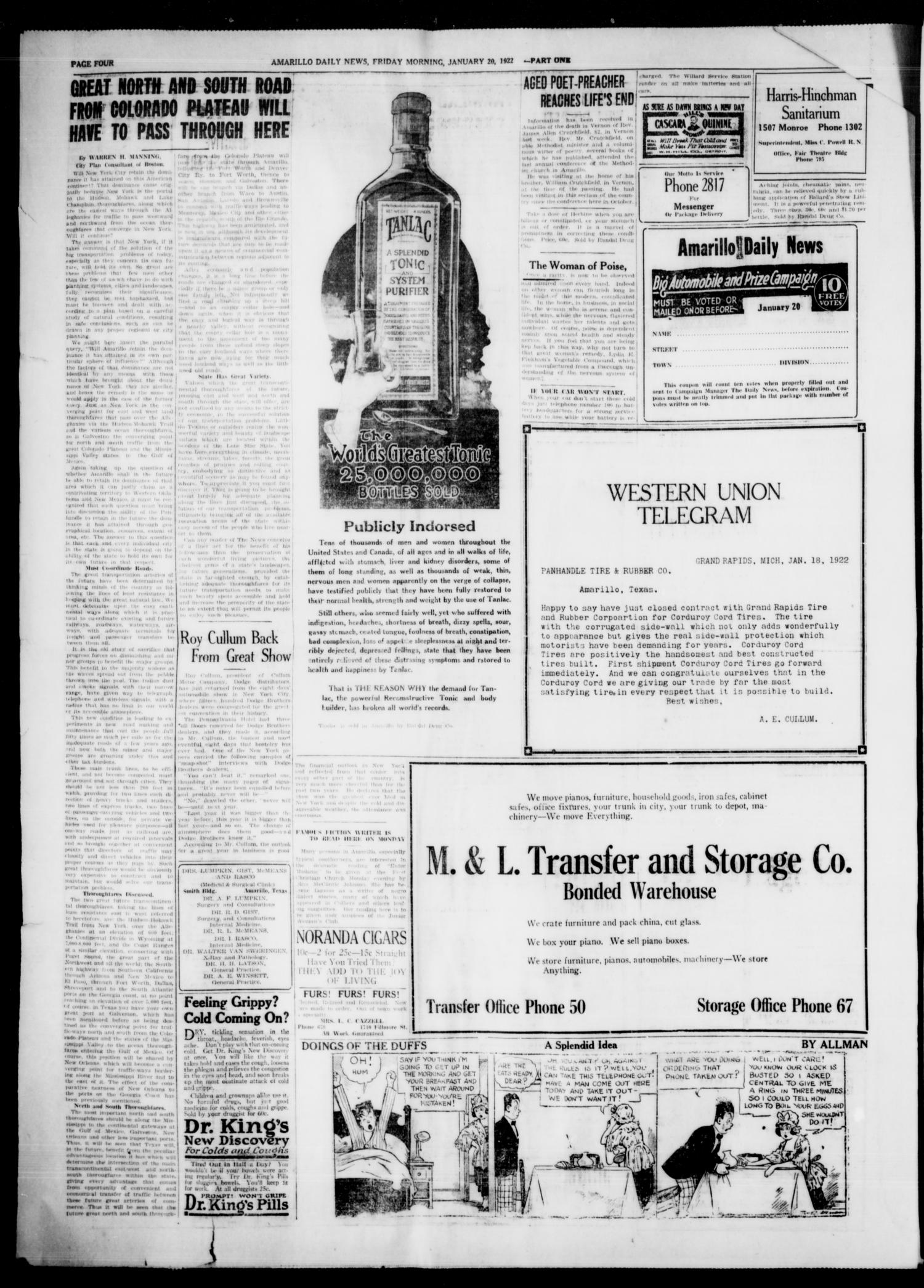Amarillo Daily News (Amarillo, Tex.), Vol. 13, No. 12, Ed. 1 Friday, January 20, 1922
                                                
                                                    [Sequence #]: 4 of 10
                                                