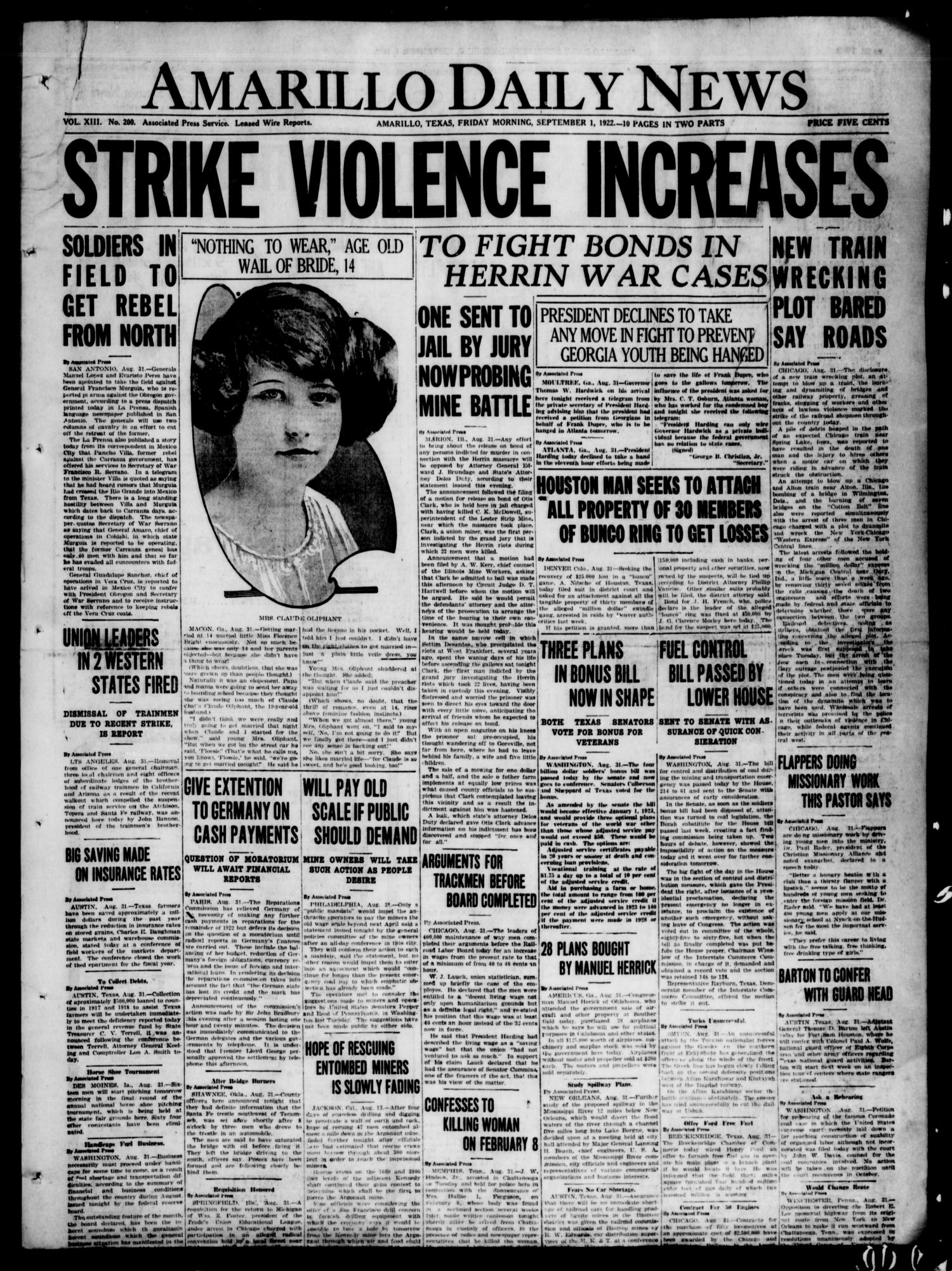 Amarillo Daily News (Amarillo, Tex.), Vol. 13, No. 200, Ed. 1 Friday, September 1, 1922
                                                
                                                    [Sequence #]: 1 of 10
                                                