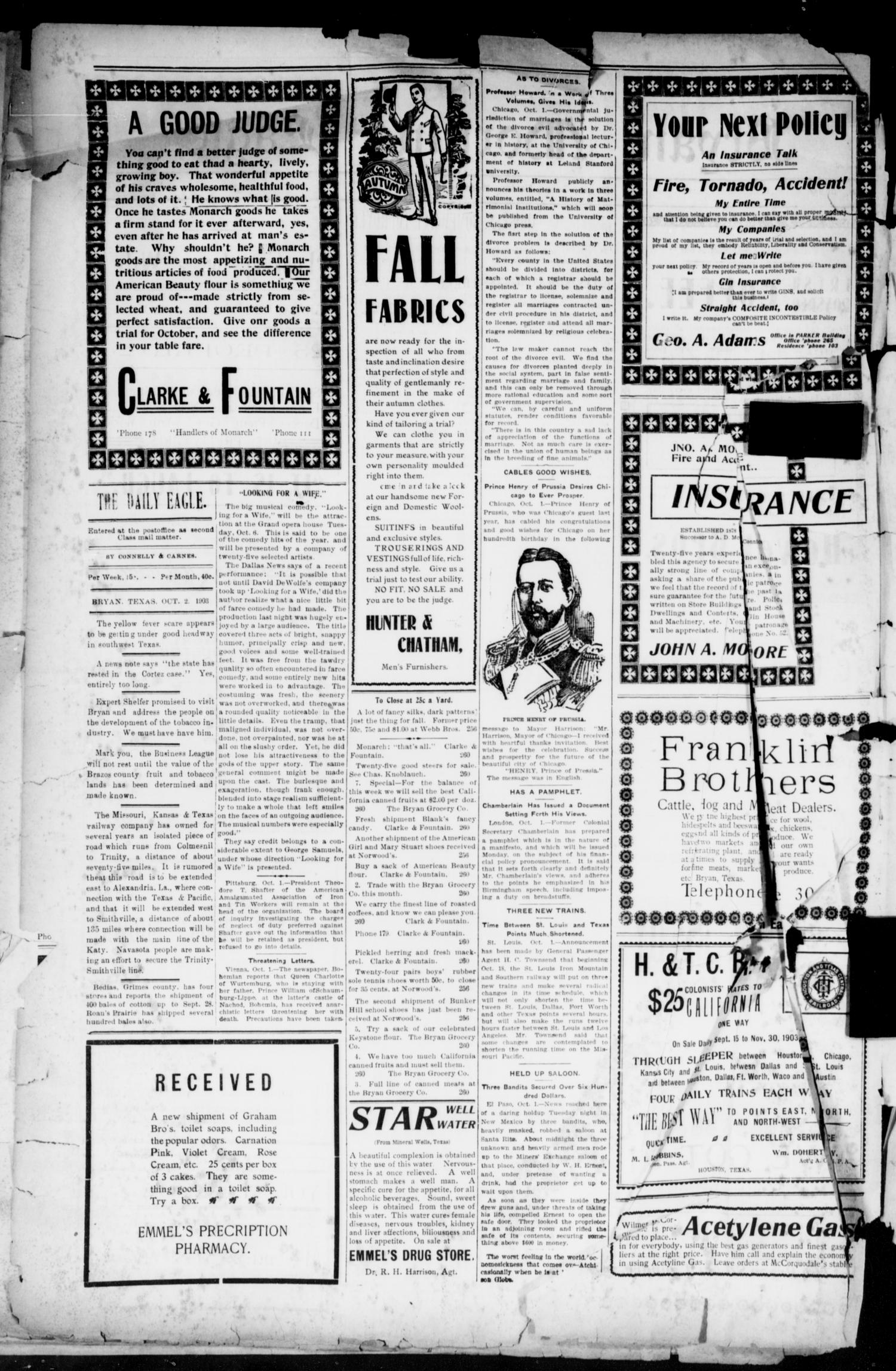 Bryan Morning Eagle. (Bryan, Tex.), Vol. 8, No. 256, Ed. 1 Friday, October 2, 1903
                                                
                                                    [Sequence #]: 2 of 4
                                                