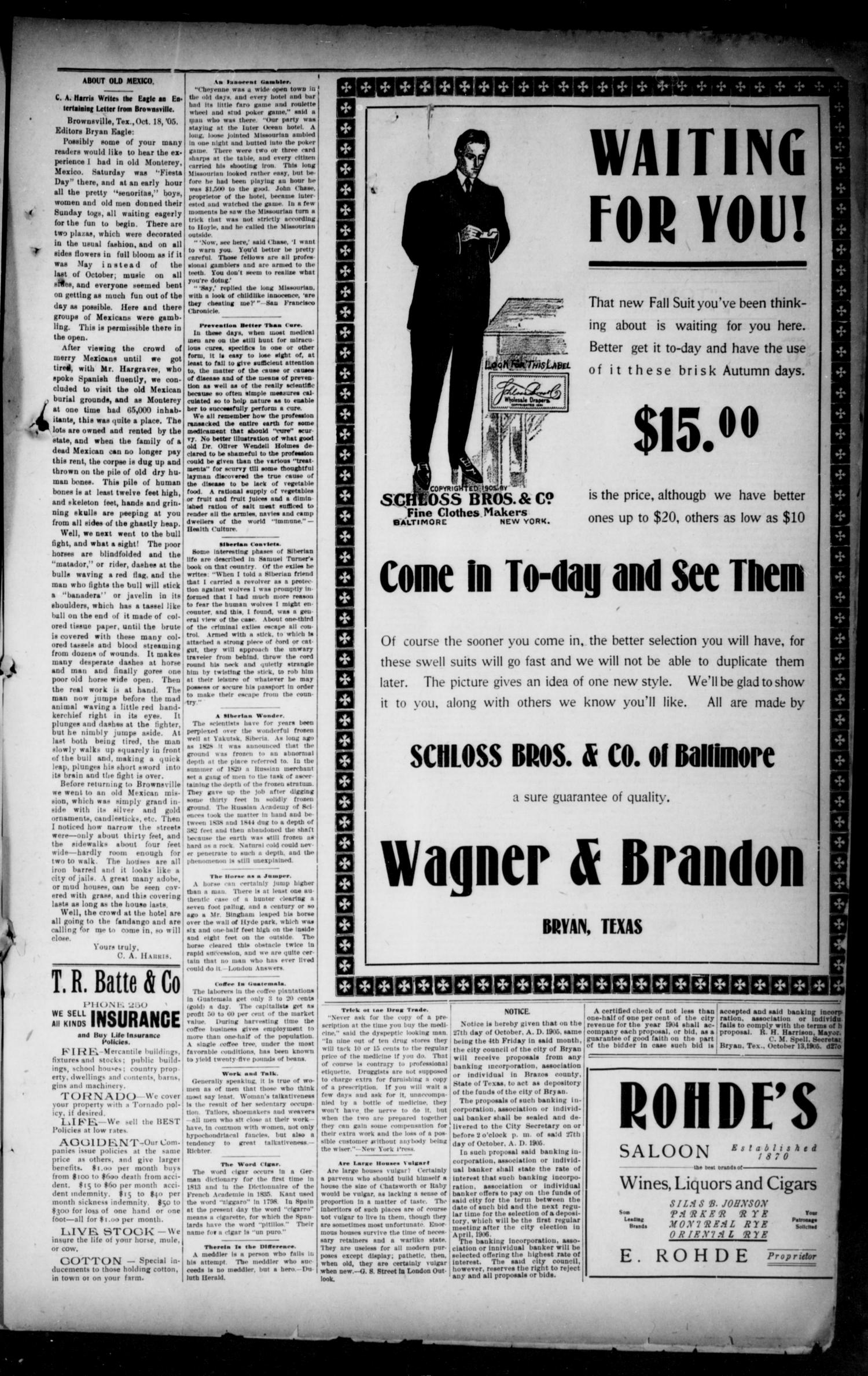 Bryan Morning Eagle. (Bryan, Tex.), Vol. TENTH YEAR, No. 274, Ed. 1 Sunday, October 22, 1905
                                                
                                                    [Sequence #]: 3 of 6
                                                