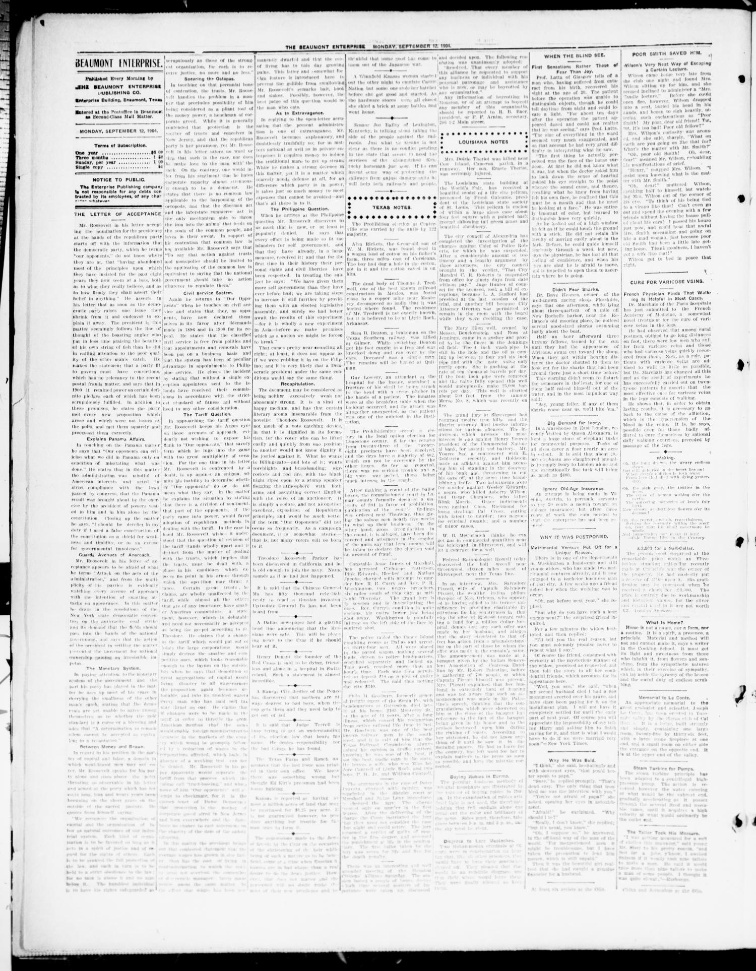The Beaumont Enterprise (Beaumont, Tex.), Vol. 8, No. 144, Ed. 1 Monday, September 12, 1904
                                                
                                                    [Sequence #]: 4 of 8
                                                
