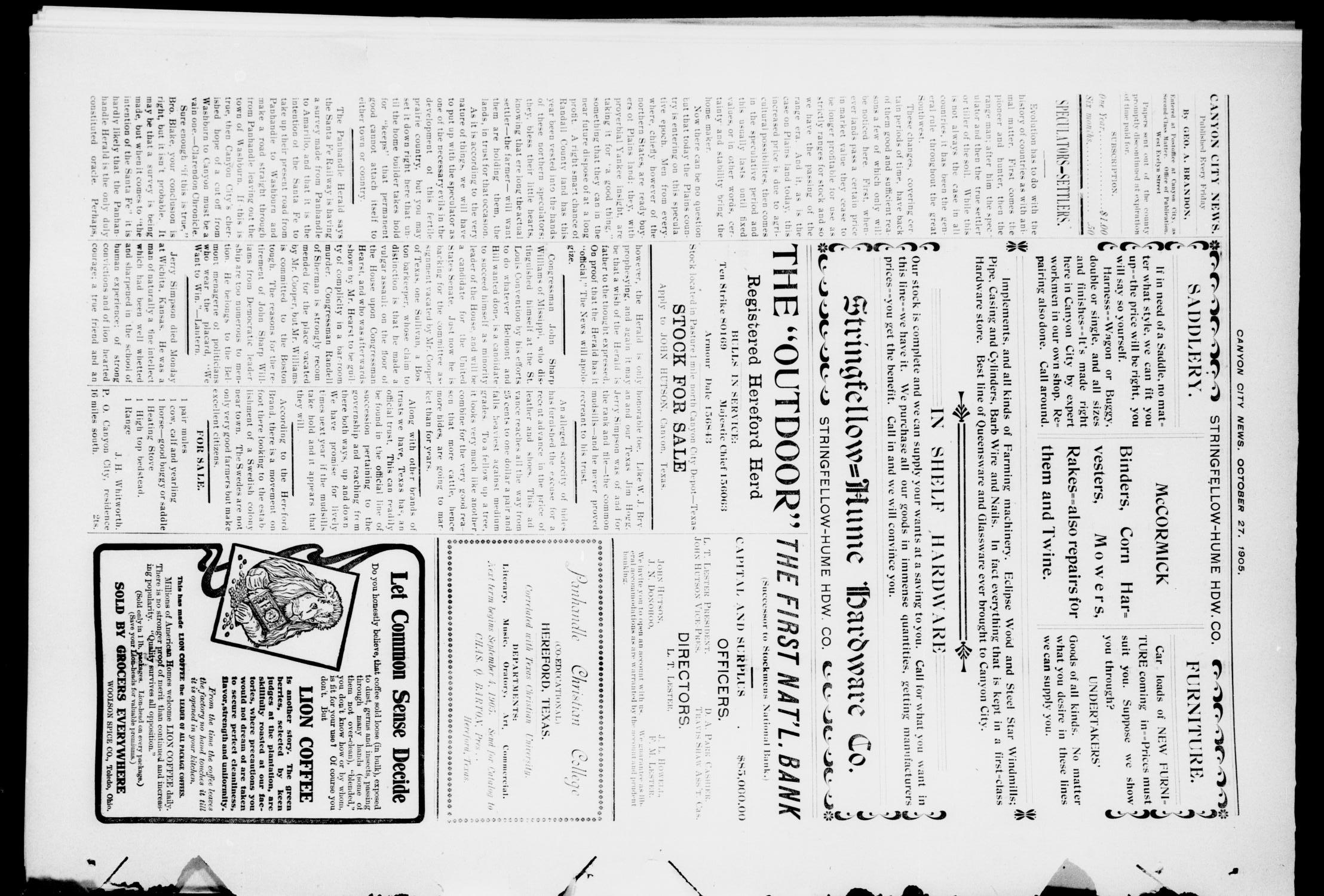 Canyon City News. (Canyon City, Tex.), Vol. 9, No. 33, Ed. 1 Friday, October 27, 1905
                                                
                                                    [Sequence #]: 2 of 4
                                                