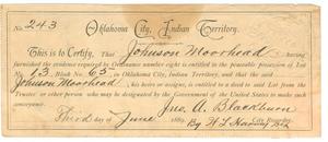 Primary view of object titled '[Certificate of Ownership issued to Johnson Moorhead]'.