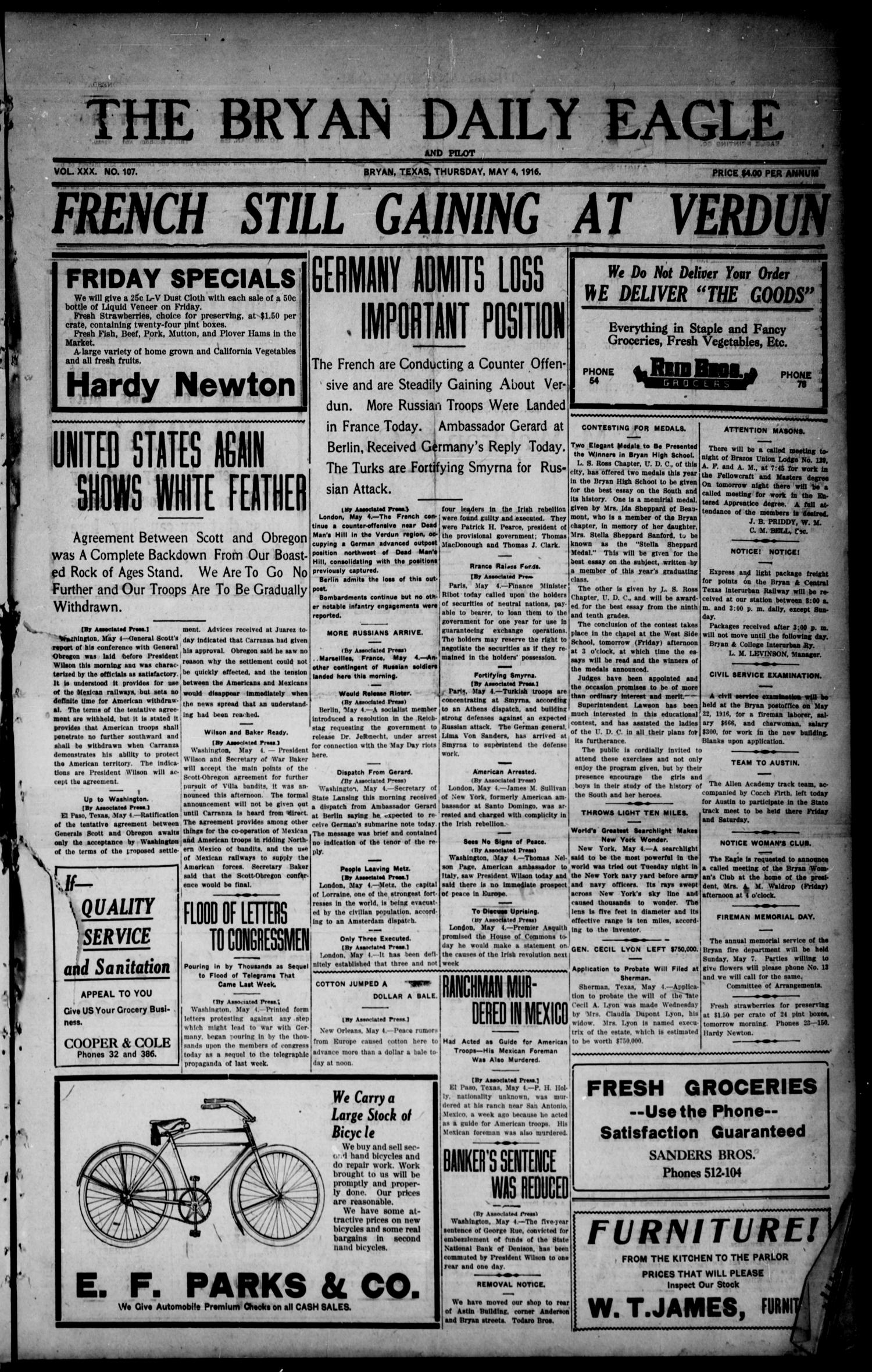 The Bryan Daily Eagle and Pilot (Bryan, Tex.), Vol. 30, No. 107, Ed. 1 Thursday, May 4, 1916
                                                
                                                    [Sequence #]: 1 of 4
                                                