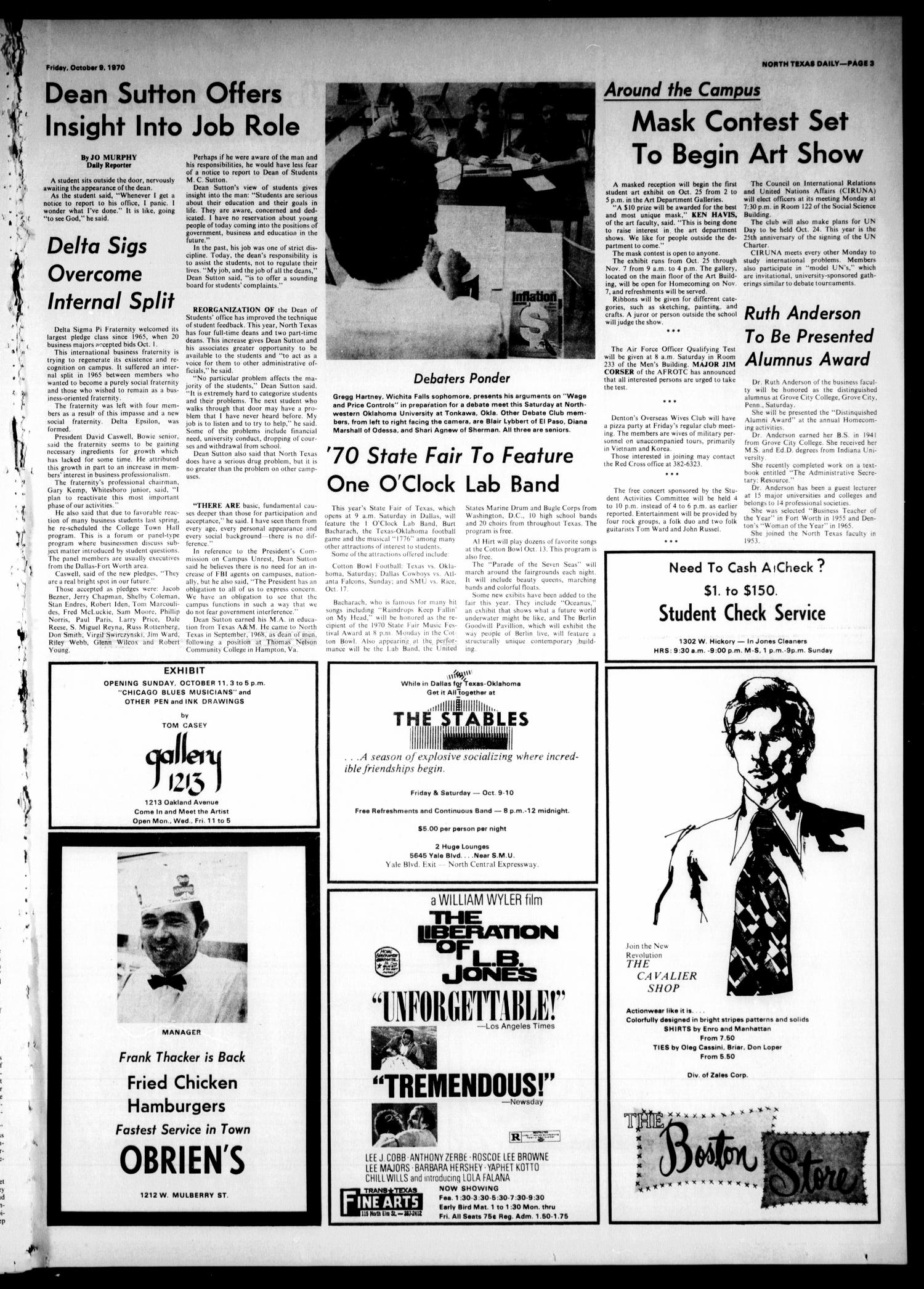 The North Texas Daily (Denton, Tex.), Vol. 54, No. 23, Ed. 1 Friday, October 9, 1970
                                                
                                                    [Sequence #]: 3 of 4
                                                