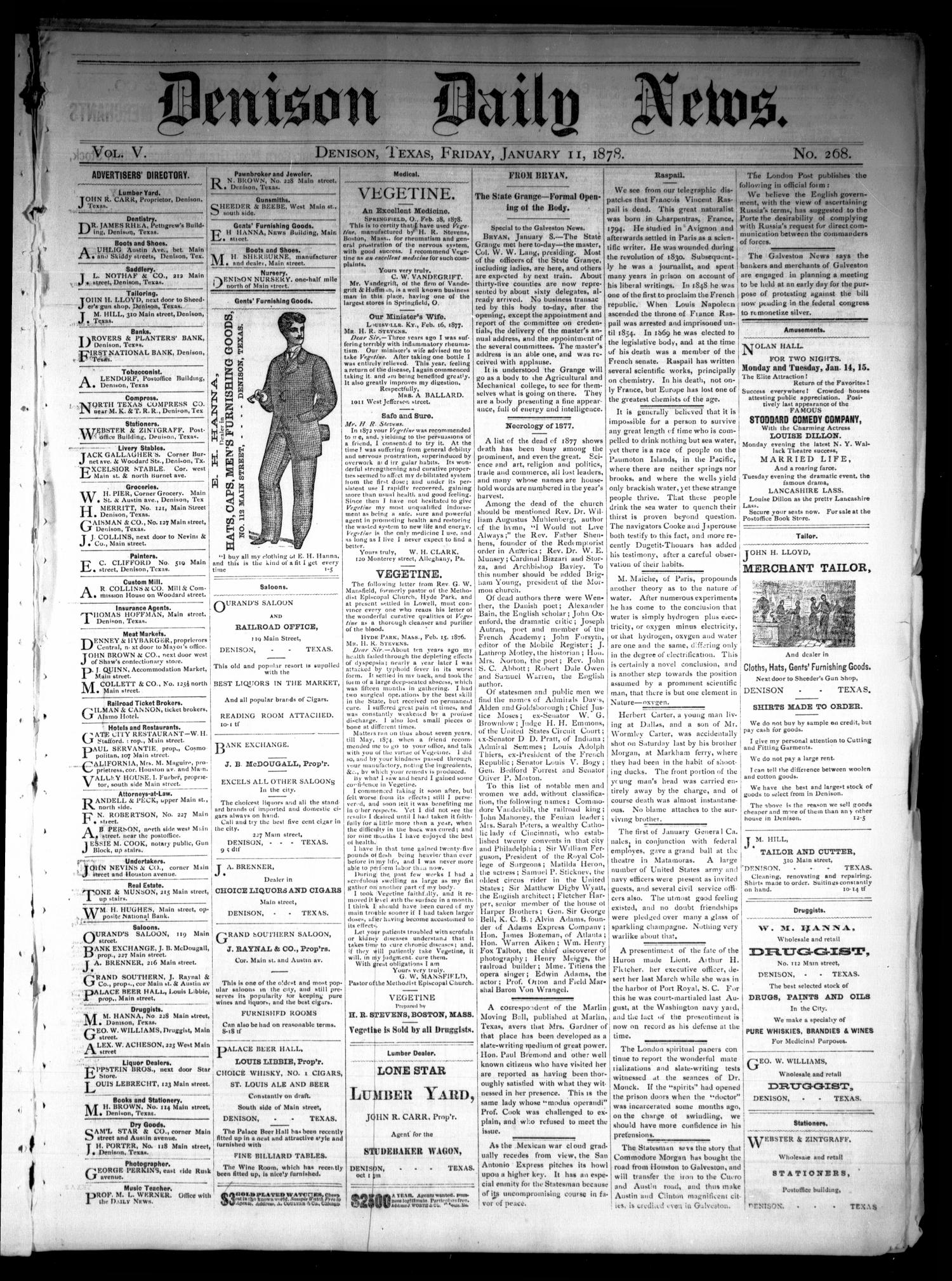 Denison Daily News. (Denison, Tex.), Vol. 5, No. 268, Ed. 1 Friday, January 11, 1878
                                                
                                                    [Sequence #]: 1 of 4
                                                
