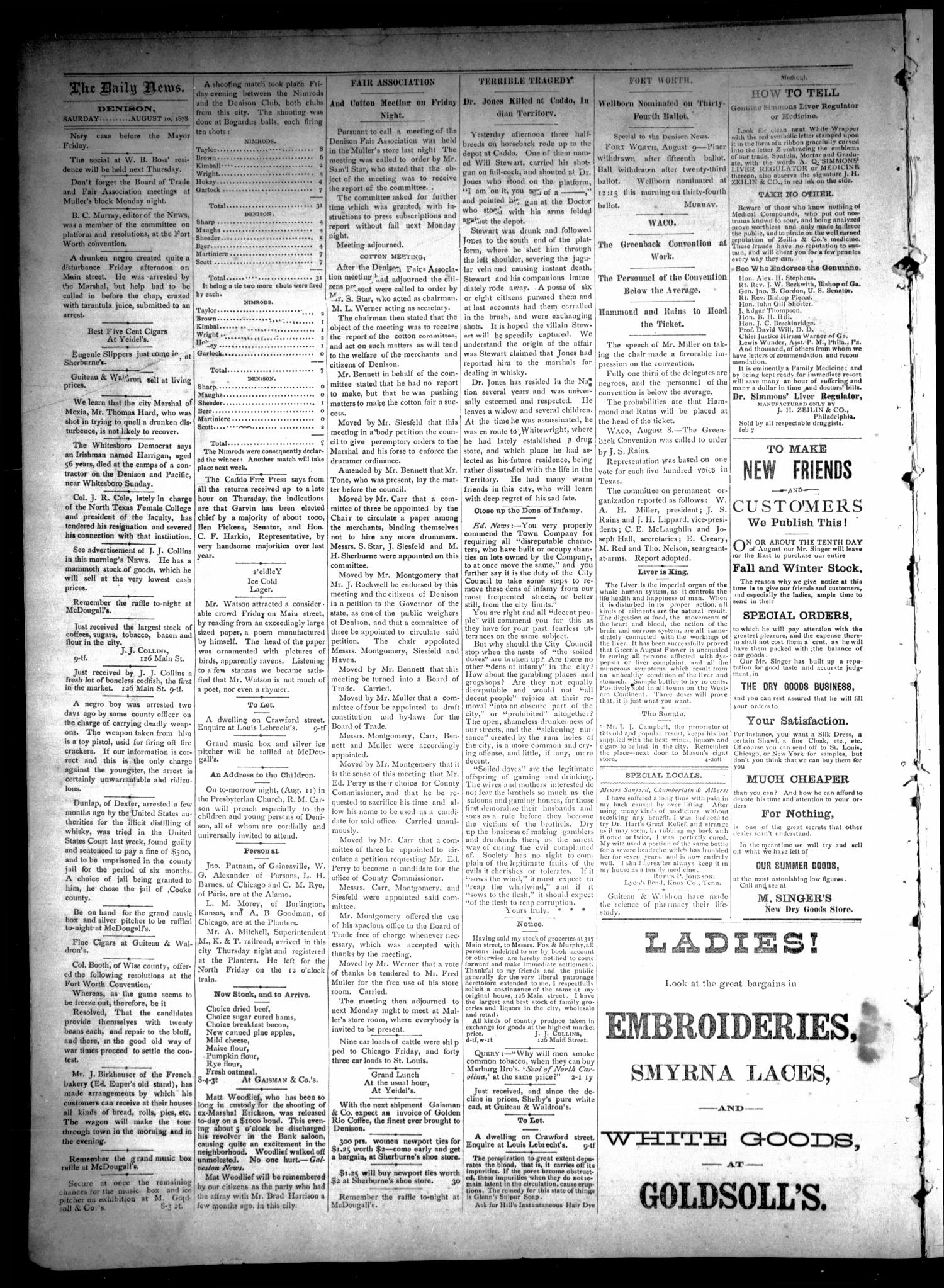 Denison Daily News. (Denison, Tex.), Vol. 6, No. 144, Ed. 1 Saturday, August 10, 1878
                                                
                                                    [Sequence #]: 4 of 4
                                                
