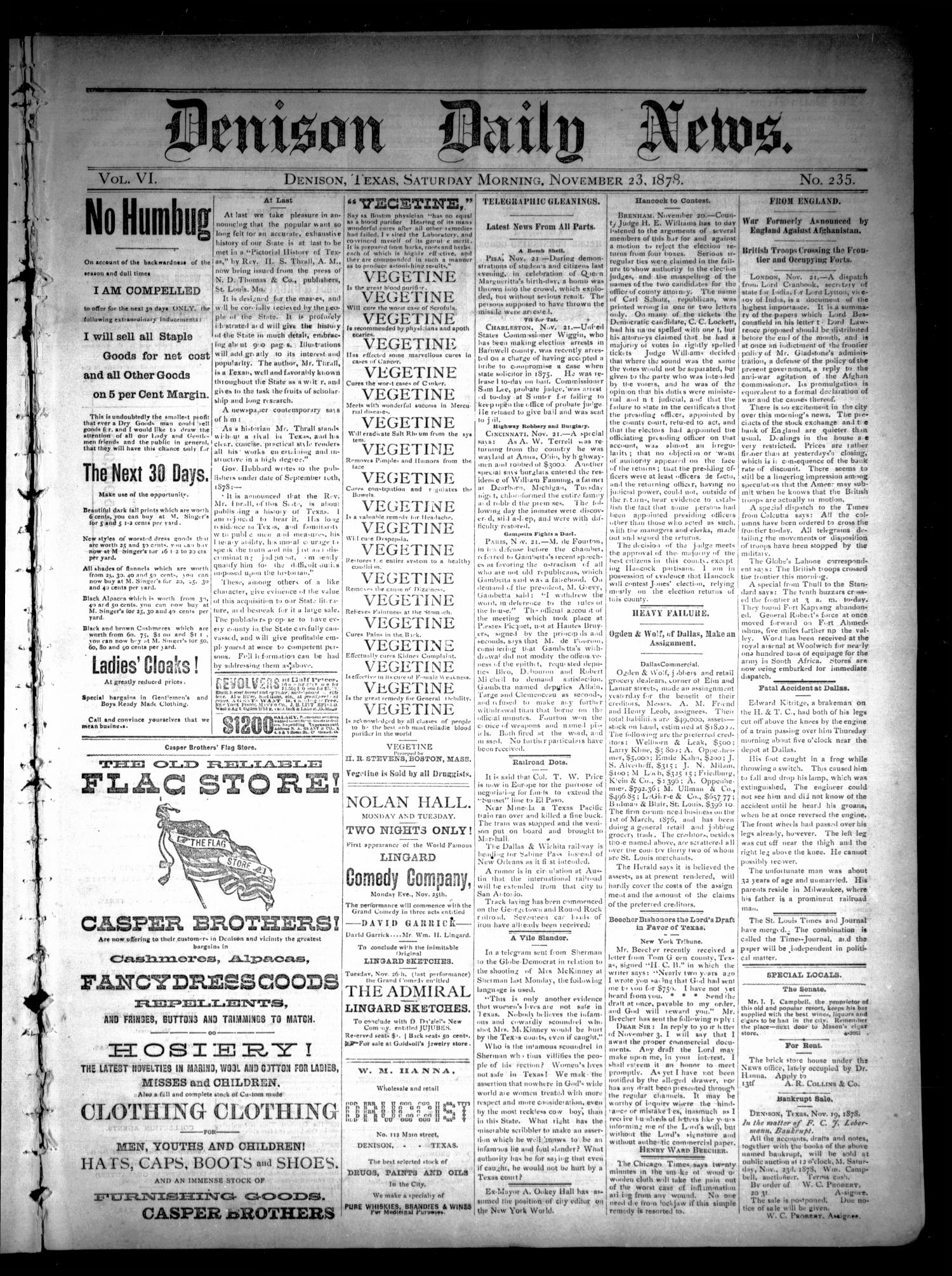 Denison Daily News. (Denison, Tex.), Vol. 6, No. 235, Ed. 1 Saturday, November 23, 1878
                                                
                                                    [Sequence #]: 1 of 4
                                                