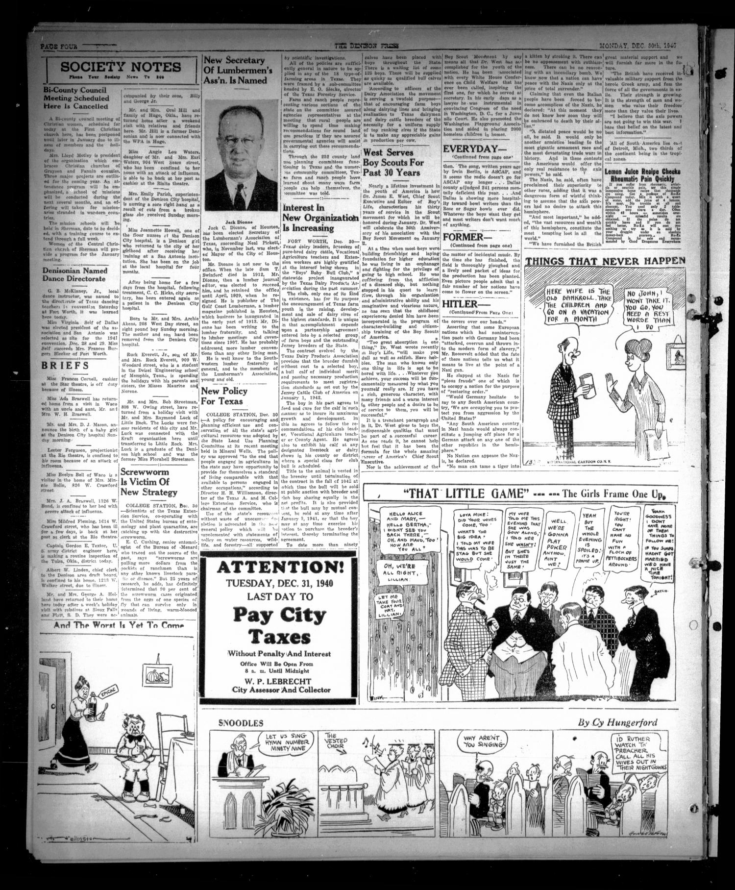 The Denison Press (Denison, Tex.), Vol. 7, No. 158, Ed. 1 Monday, December 30, 1940
                                                
                                                    [Sequence #]: 4 of 4
                                                