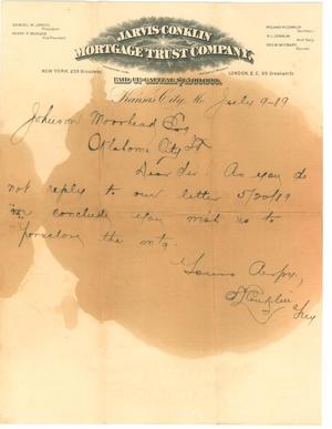 [Letter to Johnson Moorhead of Oklahoma City, from Jarvis-Conklin Mortgage Trust Co]