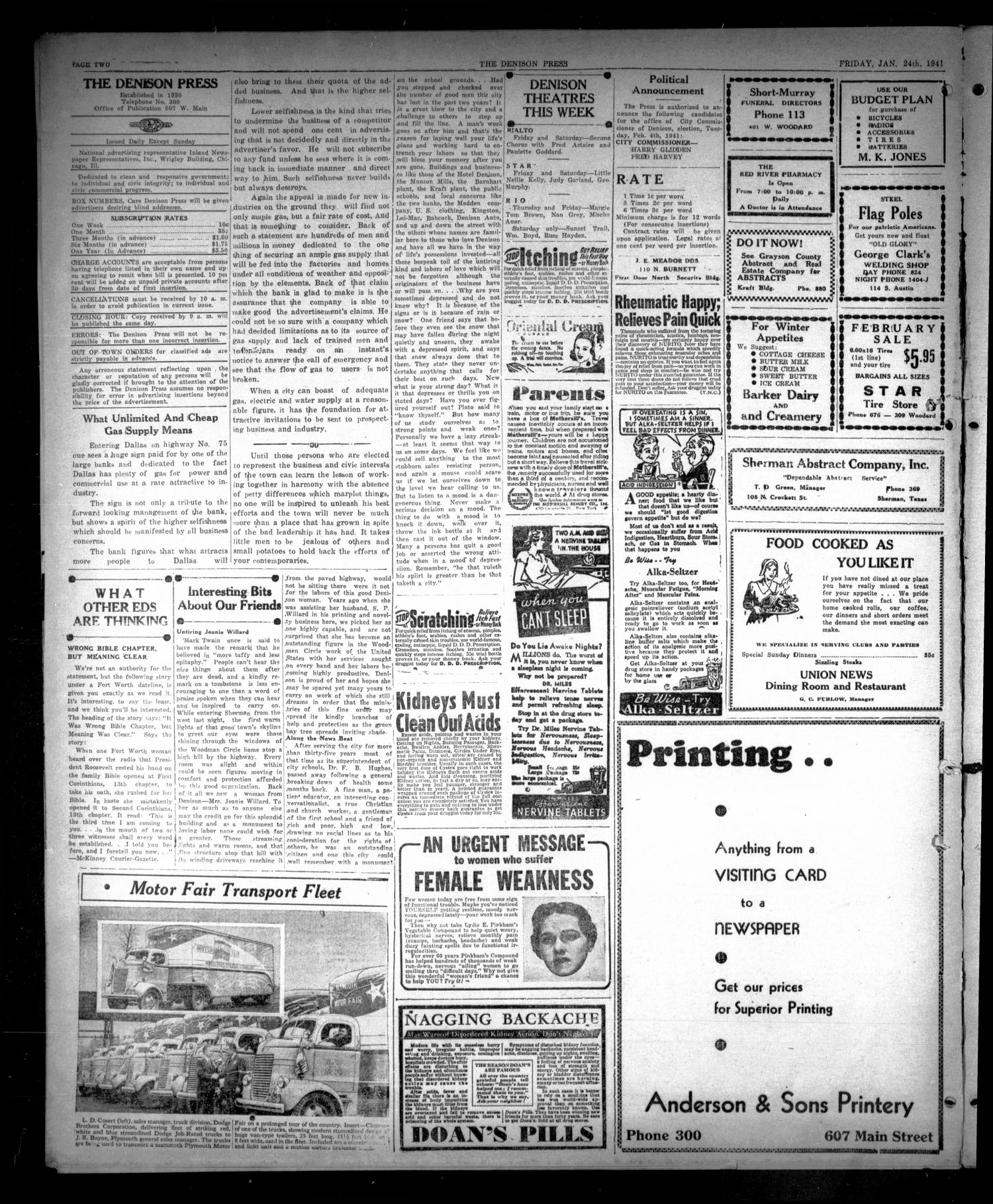 The Denison Press (Denison, Tex.), Vol. 7, No. 179, Ed. 1 Friday, January 24, 1941
                                                
                                                    [Sequence #]: 2 of 4
                                                