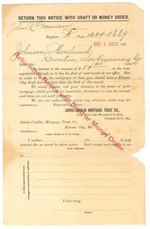 [Notice to Johnson Moorhead of Las Animas Co., Colorado, from Jarvis-Conklin Mortgage Trust Co.]