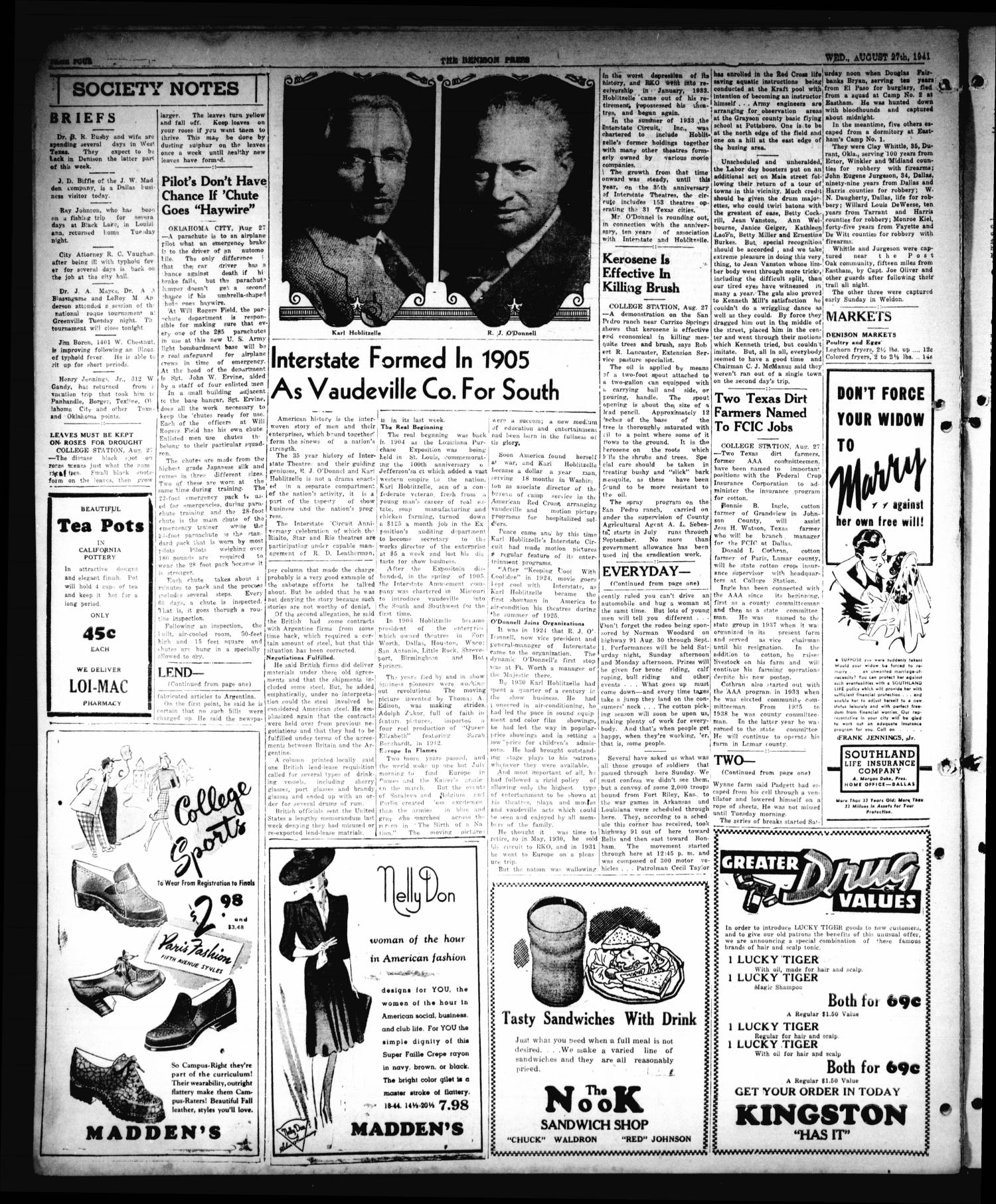 The Denison Press (Denison, Tex.), Vol. 8, No. 53, Ed. 1 Wednesday, August 27, 1941
                                                
                                                    [Sequence #]: 4 of 4
                                                