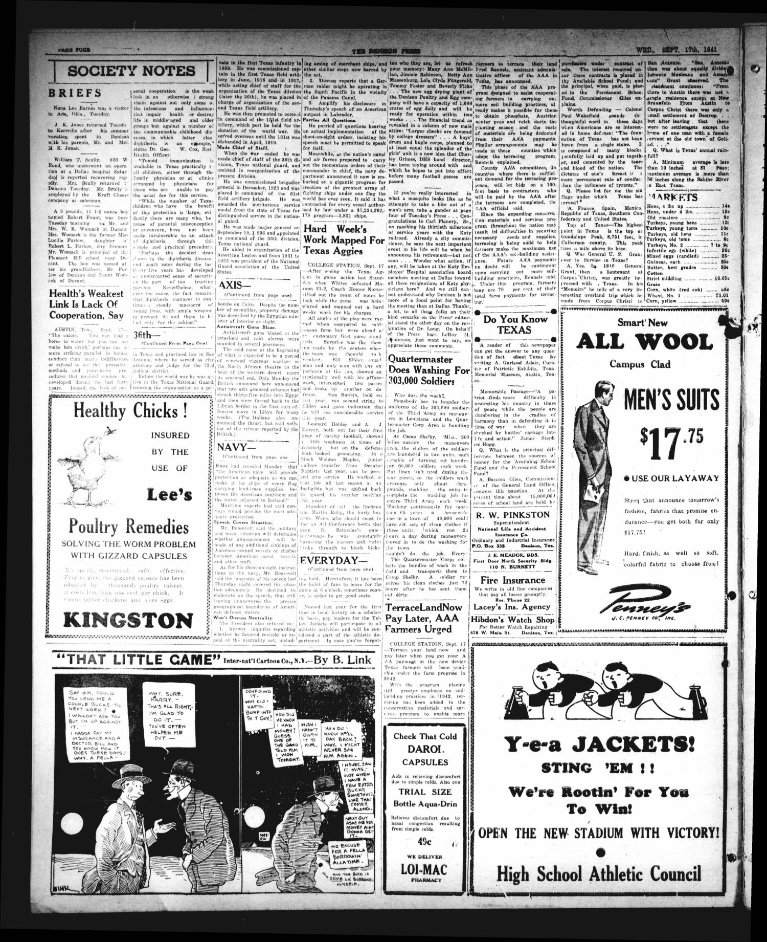 The Denison Press (Denison, Tex.), Vol. 8, No. 70, Ed. 1 Wednesday, September 17, 1941
                                                
                                                    [Sequence #]: 4 of 4
                                                