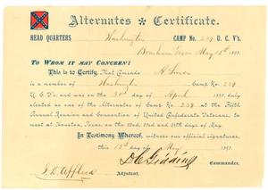 [Certificate appointing Alex Simon as an alternate for Camp No. 239 of the United Confererate Veterans]