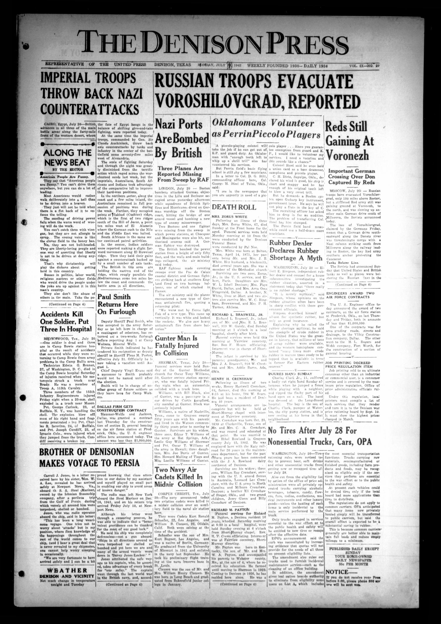 The Denison Press (Denison, Tex.), Vol. 9, No. 20, Ed. 1 Monday, July 20, 1942
                                                
                                                    [Sequence #]: 1 of 4
                                                