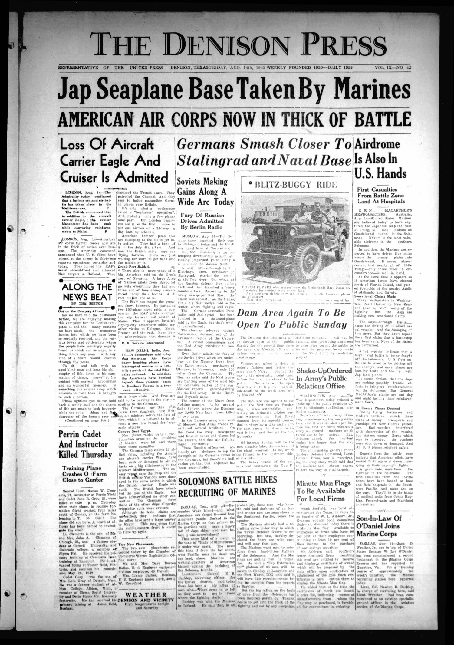 The Denison Press (Denison, Tex.), Vol. 9, No. 42, Ed. 1 Friday, August 14, 1942
                                                
                                                    [Sequence #]: 1 of 4
                                                