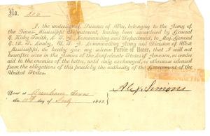 [Sworn statement by Simon pledging his "Parole of Honor" not to serve in the C.S.A., 1865]