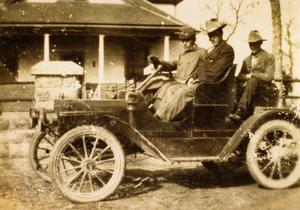 Primary view of object titled 'C. P. Schulze, Sr., Otis Brown, and Fred Joffre in Schulze's Car'.