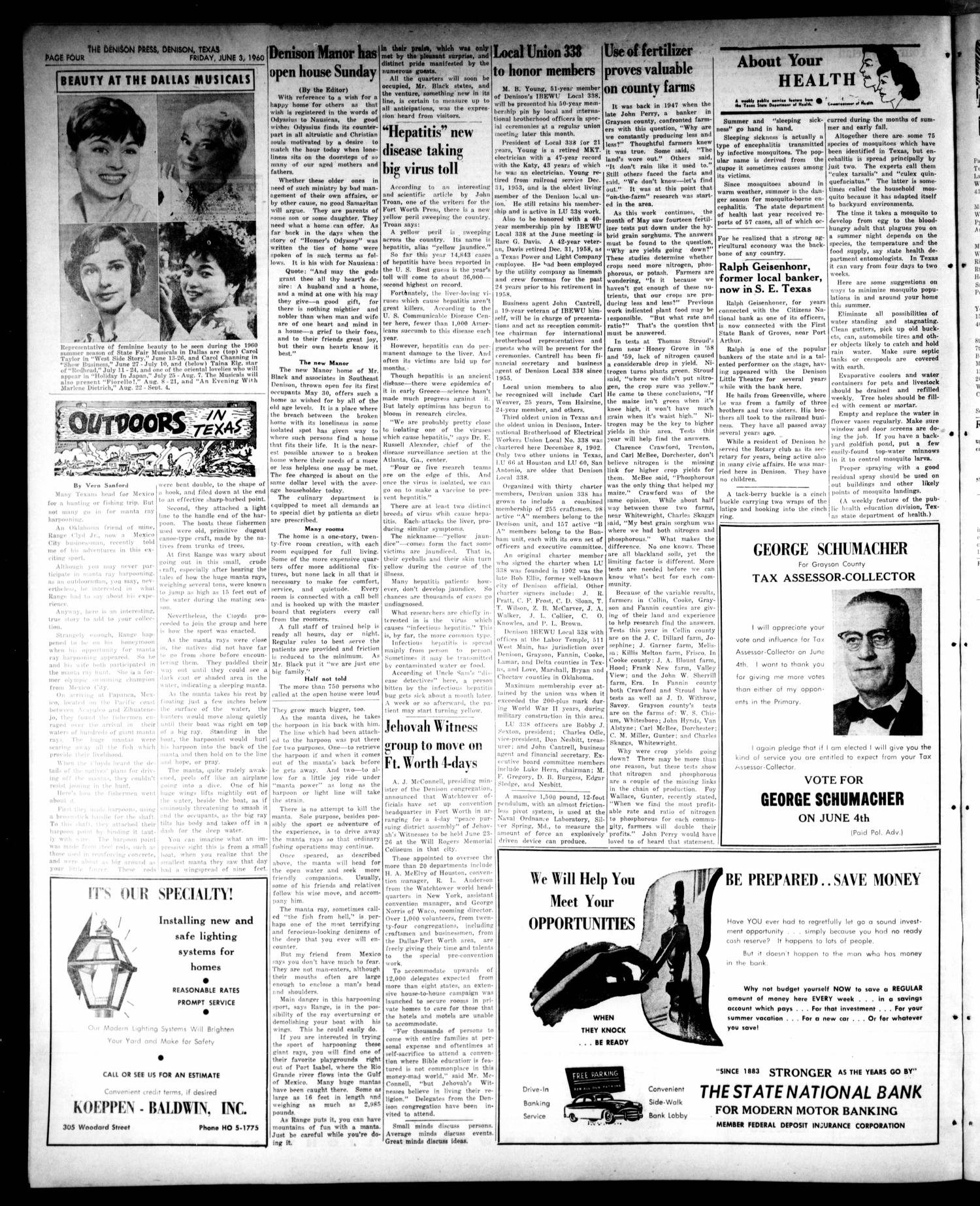 The Denison Press (Denison, Tex.), Vol. 32, No. 47, Ed. 1 Friday, June 3, 1960
                                                
                                                    [Sequence #]: 4 of 6
                                                