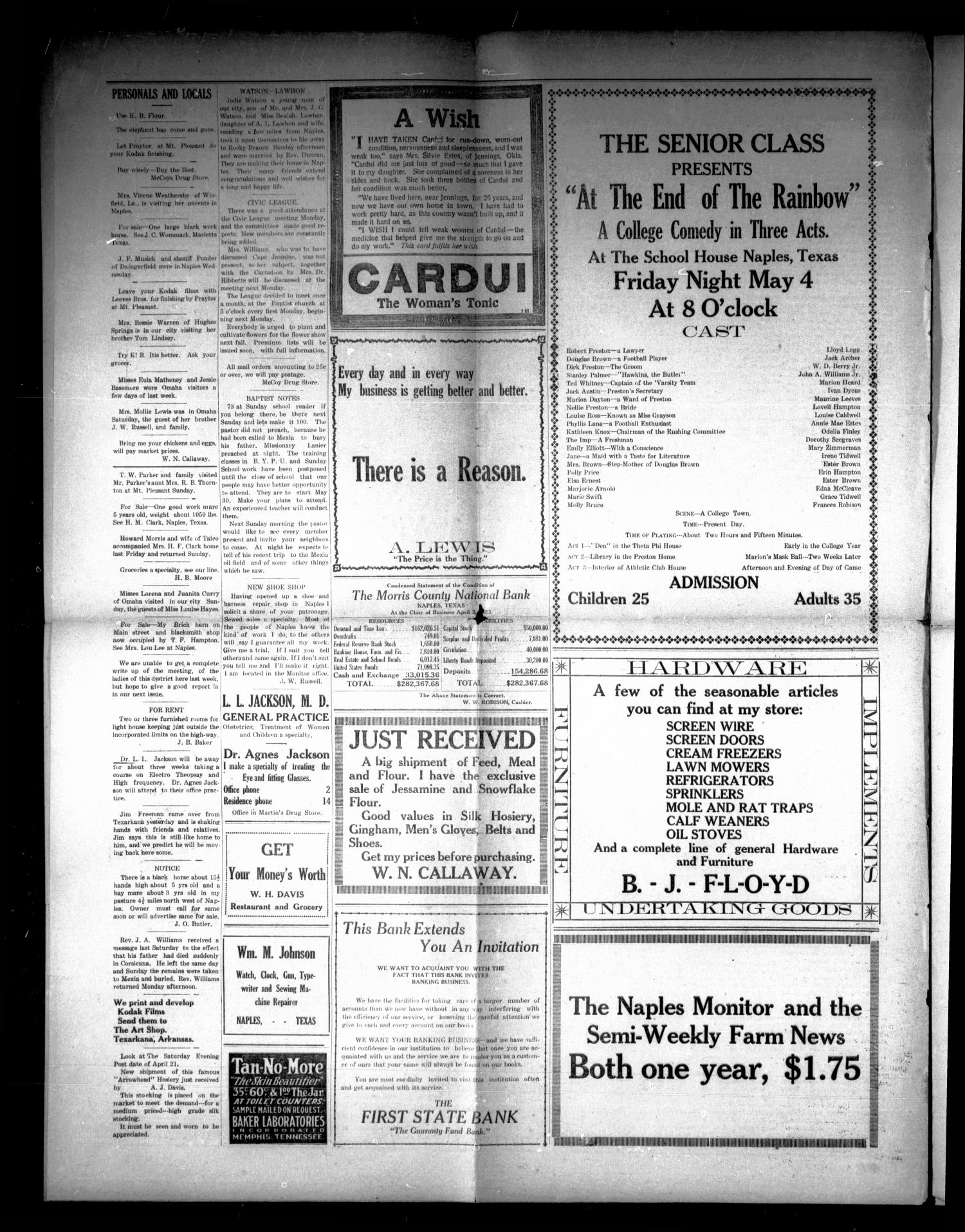 The Naples Monitor (Naples, Tex.), Vol. 38, No. 2, Ed. 1 Friday, May 4, 1923
                                                
                                                    [Sequence #]: 4 of 4
                                                
