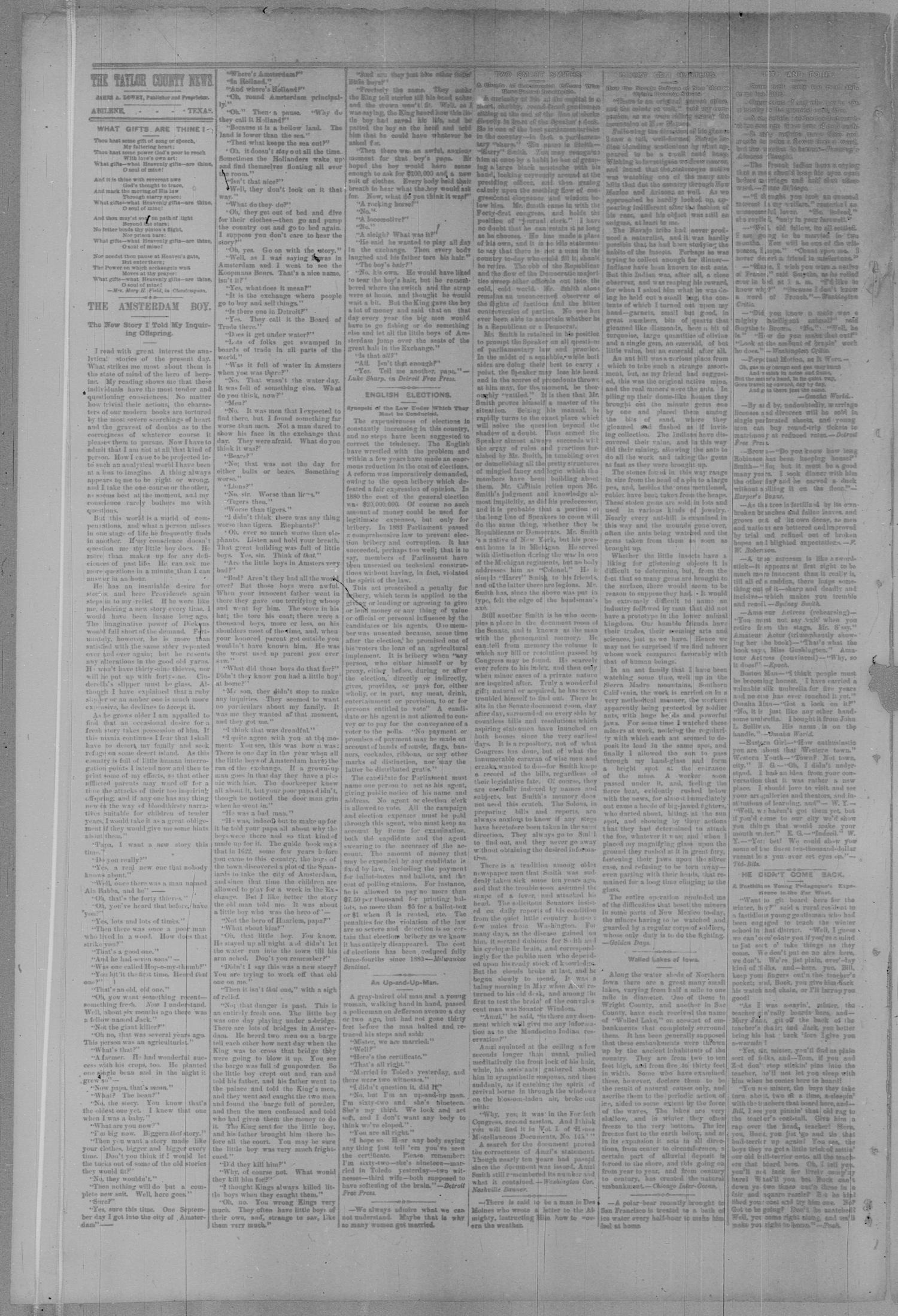 The Taylor County News. (Abilene, Tex.), Vol. 3, No. 46, Ed. 1 Friday, January 27, 1888
                                                
                                                    [Sequence #]: 2 of 8
                                                