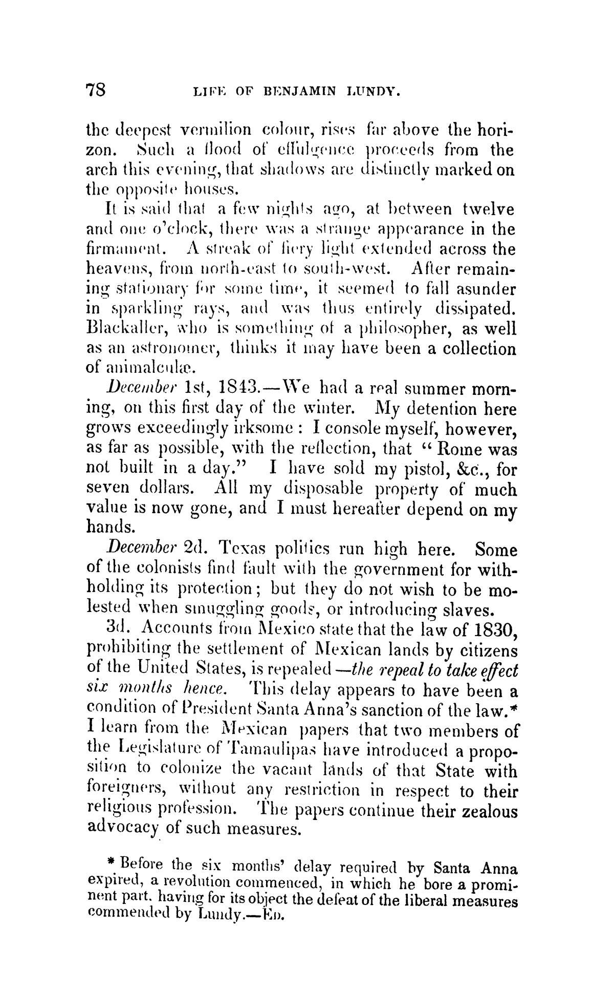 The Life, Travels, and Opinions of Benjamin Lundy; Including His Journeys to Texas and Mexico, With a Sketch of Contemporary Events, and a Notice of the Revolution in Hayti
                                                
                                                    78
                                                
