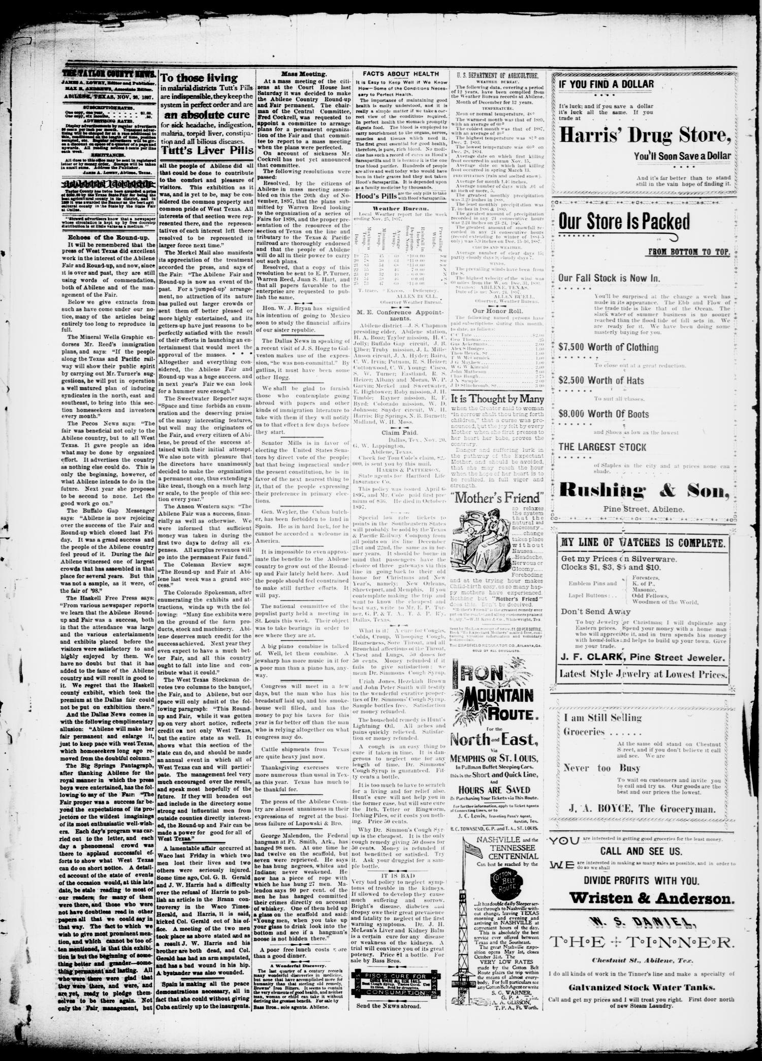 The Taylor County News. (Abilene, Tex.), Vol. 13, No. 42, Ed. 1 Friday, November 26, 1897
                                                
                                                    [Sequence #]: 4 of 6
                                                
