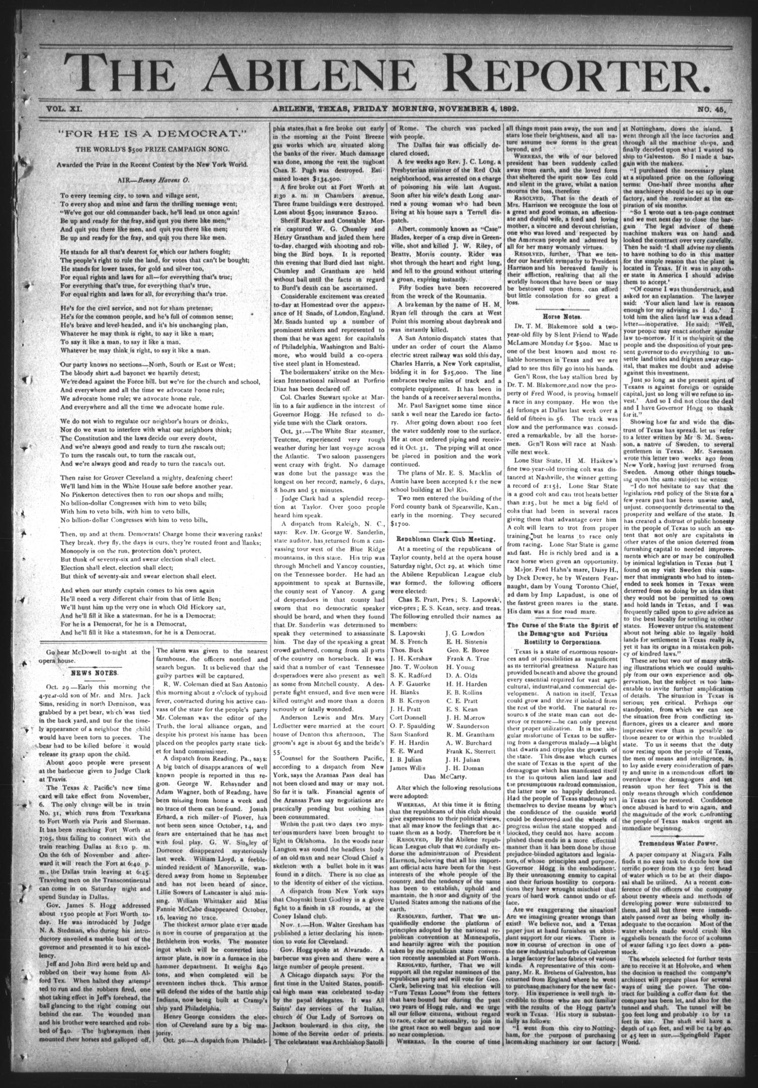 The Abilene Reporter. (Abilene, Tex.), Vol. 11, No. 45, Ed. 1 Friday, November 4, 1892
                                                
                                                    [Sequence #]: 1 of 8
                                                