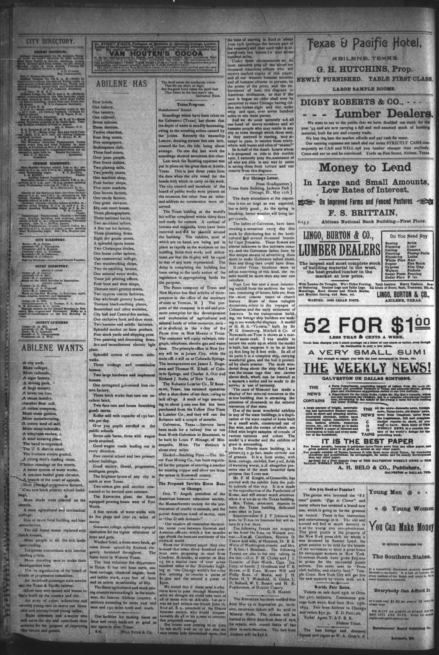 The Abilene Reporter. (Abilene, Tex.), Vol. 12, No. 21, Ed. 1 Friday, May 26, 1893
                                                
                                                    [Sequence #]: 2 of 8
                                                