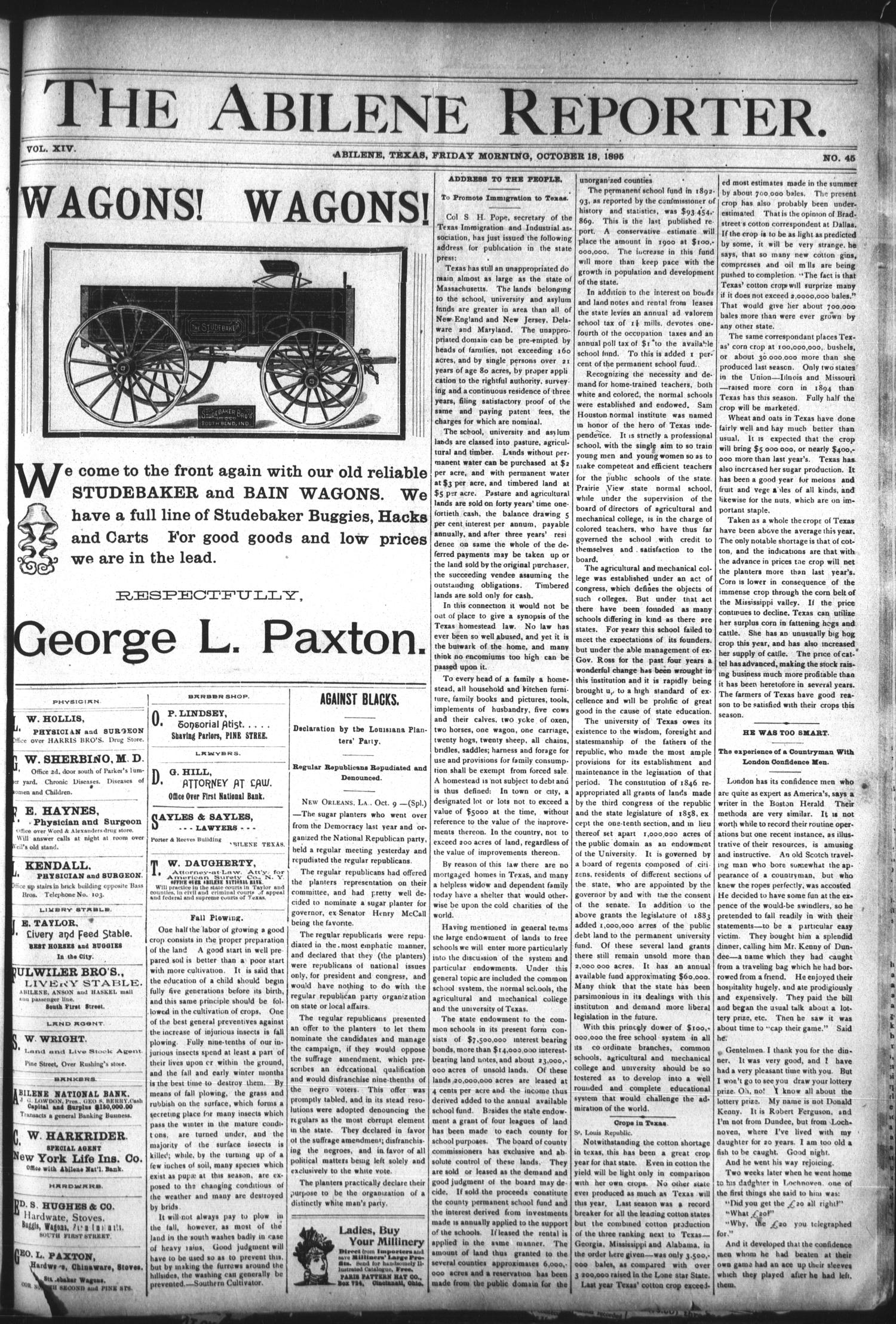 The Abilene Reporter. (Abilene, Tex.), Vol. 14, No. 45, Ed. 1 Friday, October 18, 1895
                                                
                                                    [Sequence #]: 1 of 8
                                                