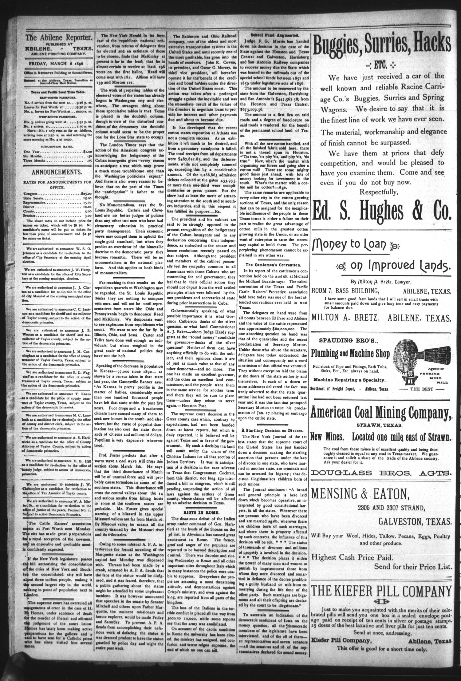 The Abilene Reporter. (Abilene, Tex.), Vol. 15, No. 10, Ed. 1 Friday, March 6, 1896
                                                
                                                    [Sequence #]: 4 of 8
                                                