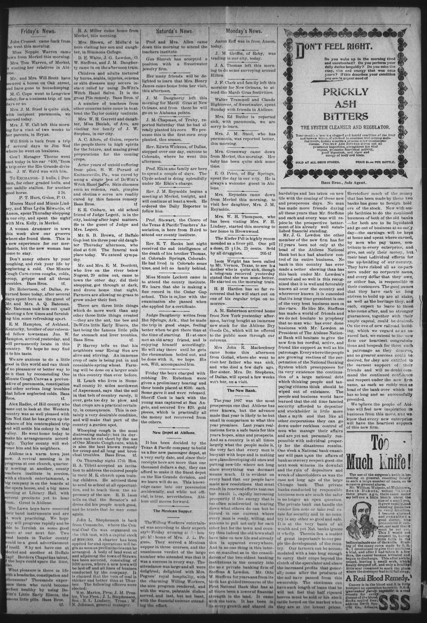 The Abilene Reporter (Abilene, Tex.), Vol. 17, No. 7, Ed. 1 Friday, February 25, 1898
                                                
                                                    [Sequence #]: 3 of 20
                                                