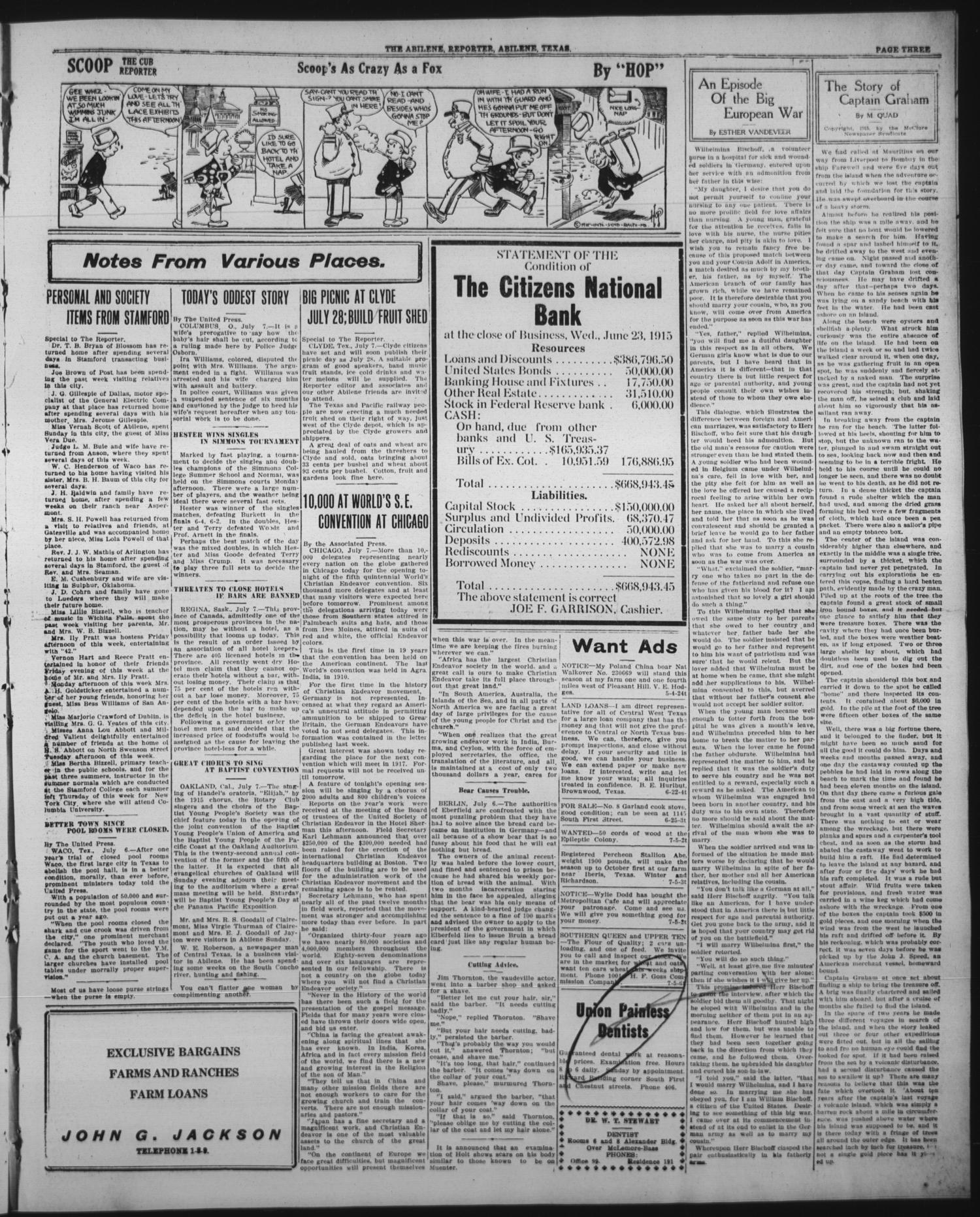 The Abilene Semi-Weekly Reporter (Abilene, Tex.), Vol. 33, No. 53, Ed. 1 Friday, July 9, 1915
                                                
                                                    [Sequence #]: 3 of 6
                                                