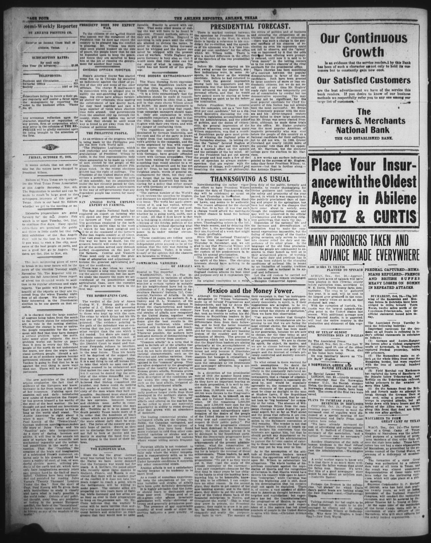 The Abilene Semi-Weekly Reporter (Abilene, Tex.), Vol. 35, No. 86, Ed. 1 Friday, October 27, 1916
                                                
                                                    [Sequence #]: 4 of 6
                                                