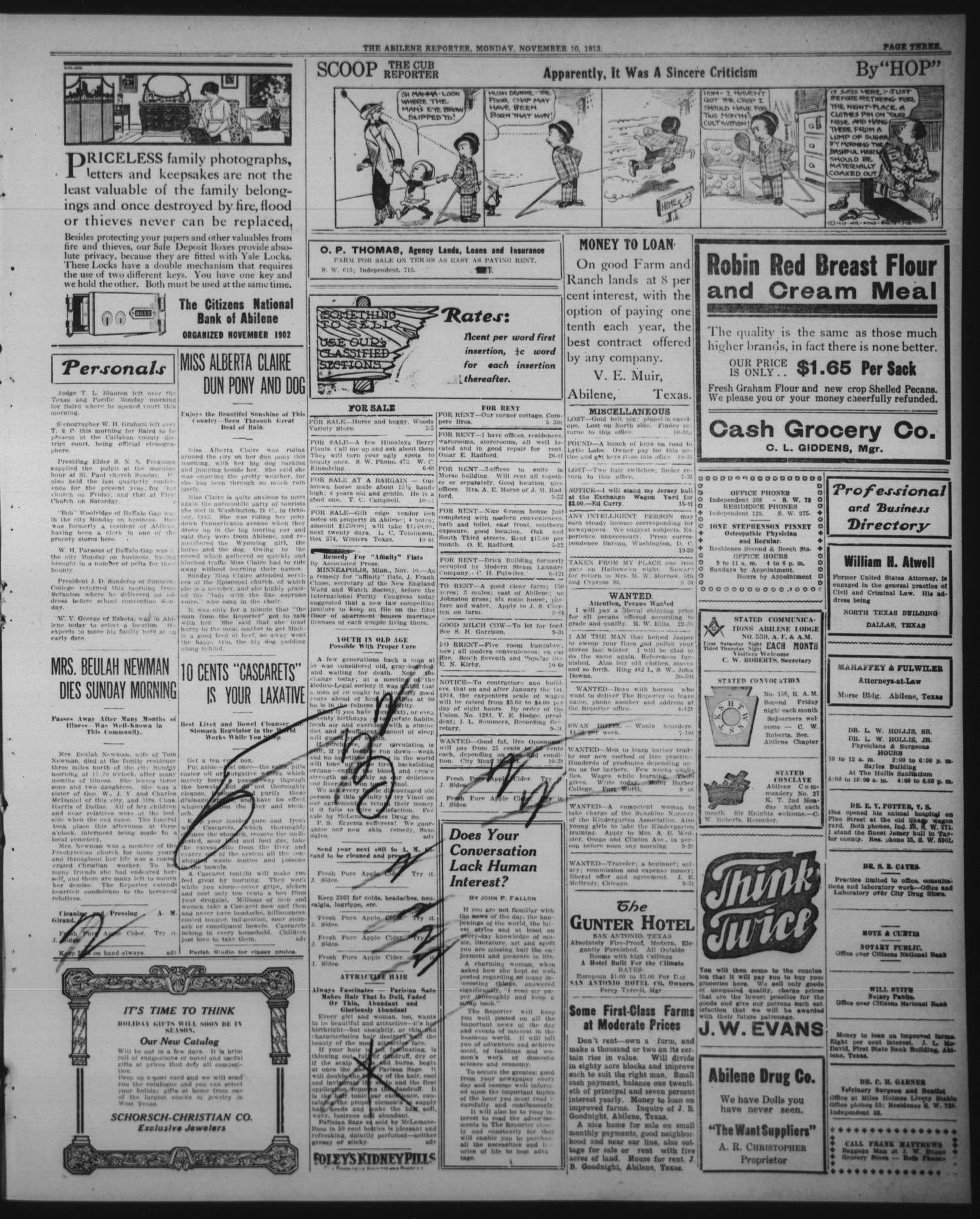 The Abilene Daily Reporter (Abilene, Tex.), Vol. 17, No. 271, Ed. 1 Monday, November 10, 1913
                                                
                                                    [Sequence #]: 3 of 6
                                                