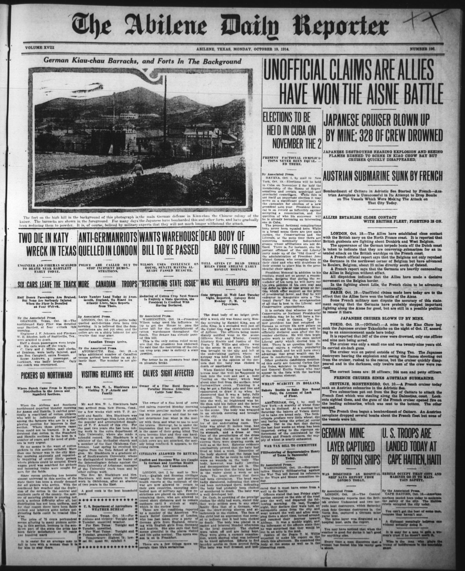 The Abilene Daily Reporter (Abilene, Tex.), Vol. 18, No. 196, Ed. 1 Monday, October 19, 1914
                                                
                                                    [Sequence #]: 1 of 6
                                                