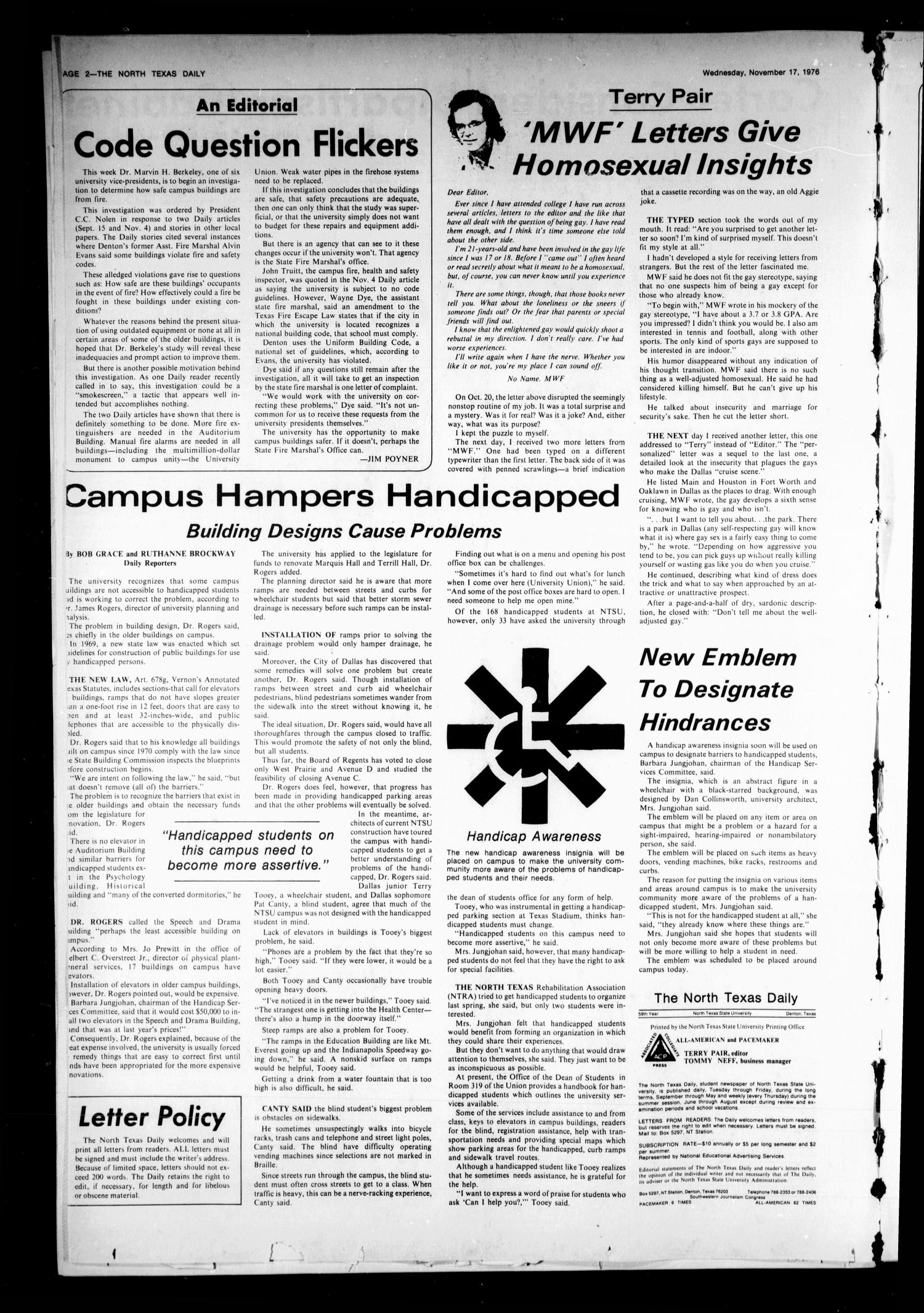 The North Texas Daily (Denton, Tex.), Vol. 60, No. 45, Ed. 1 Wednesday, November 17, 1976
                                                
                                                    [Sequence #]: 2 of 6
                                                