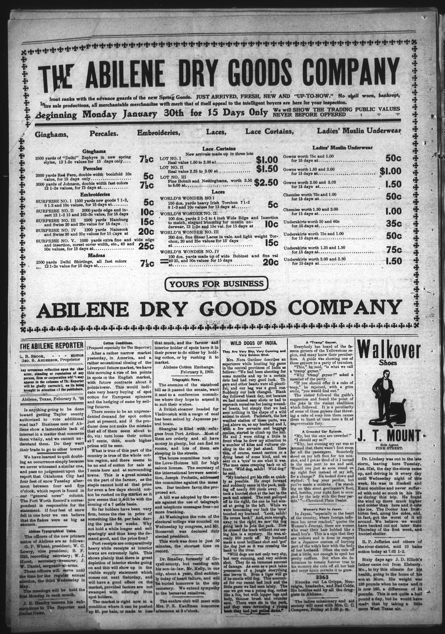 Abilene Daily Reporter. (Abilene, Tex.), Vol. 9, No. 191, Ed. 1 Thursday, February 9, 1905
                                                
                                                    [Sequence #]: 2 of 4
                                                