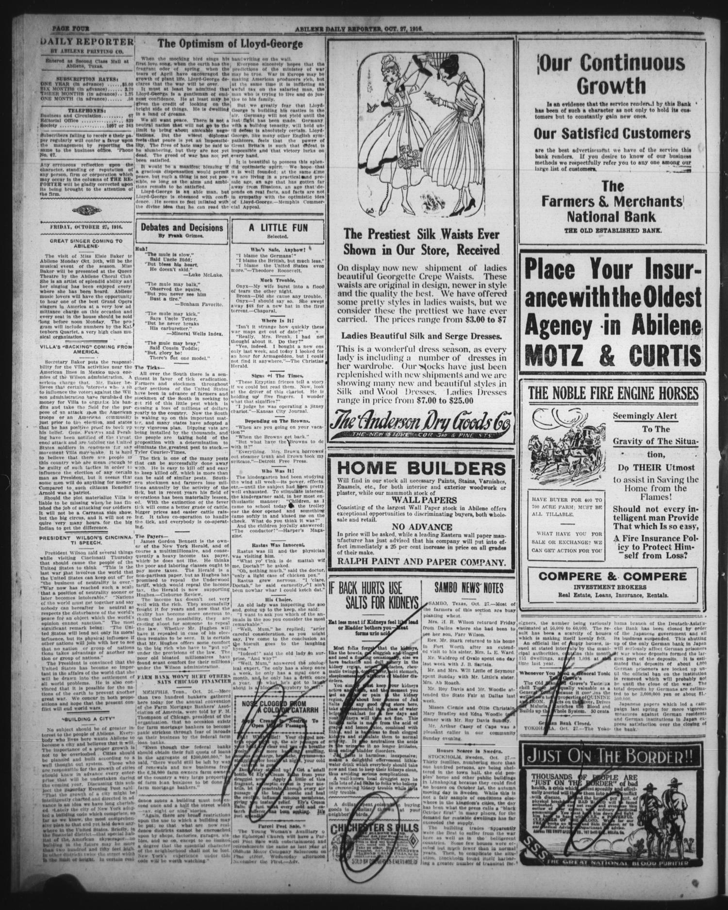 The Abilene Daily Reporter (Abilene, Tex.), Vol. 20, No. 191, Ed. 1 Friday, October 27, 1916
                                                
                                                    [Sequence #]: 4 of 6
                                                