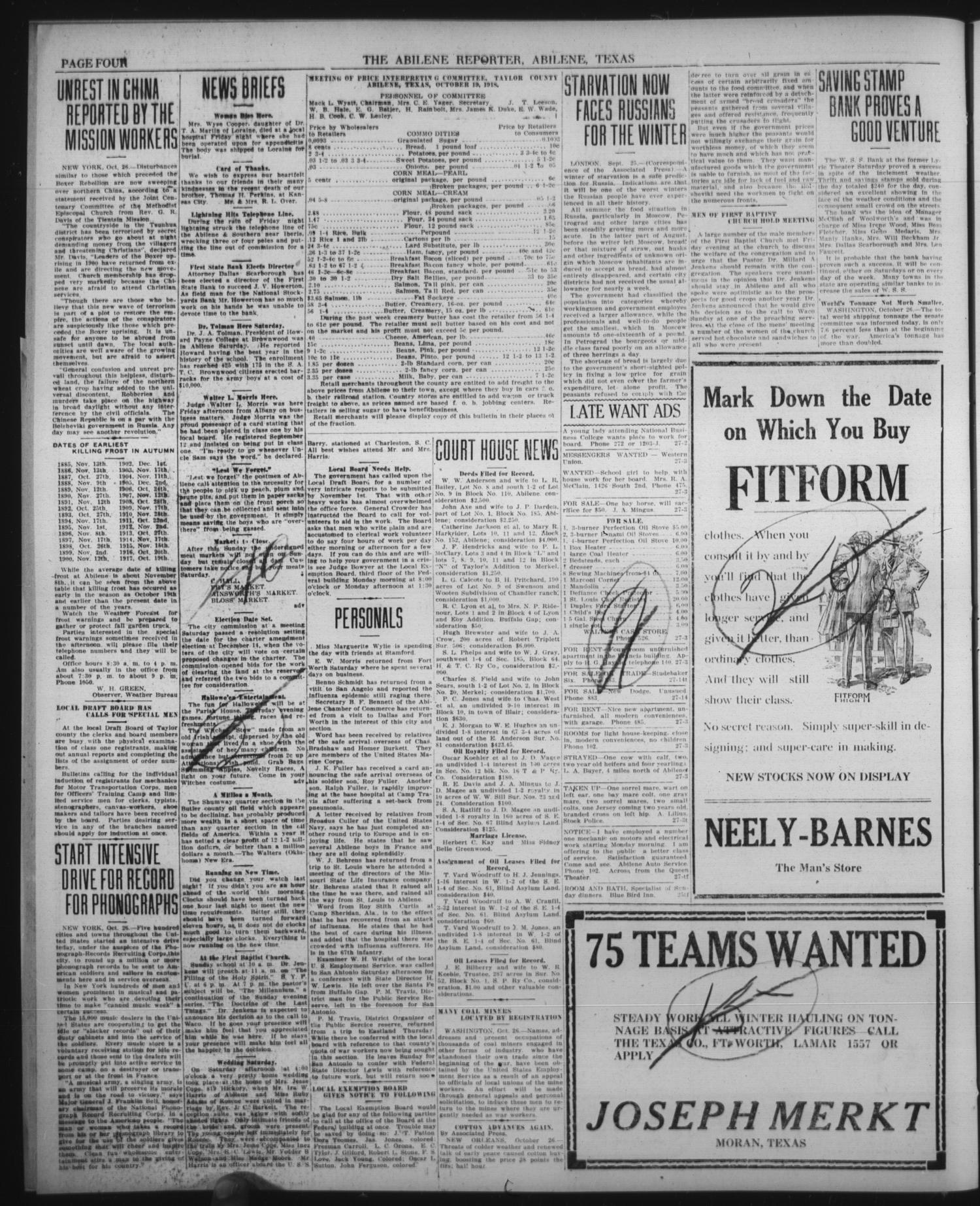 The Abilene Daily Reporter (Abilene, Tex.), Vol. 21, No. 189, Ed. 1 Sunday, October 27, 1918
                                                
                                                    [Sequence #]: 4 of 15
                                                