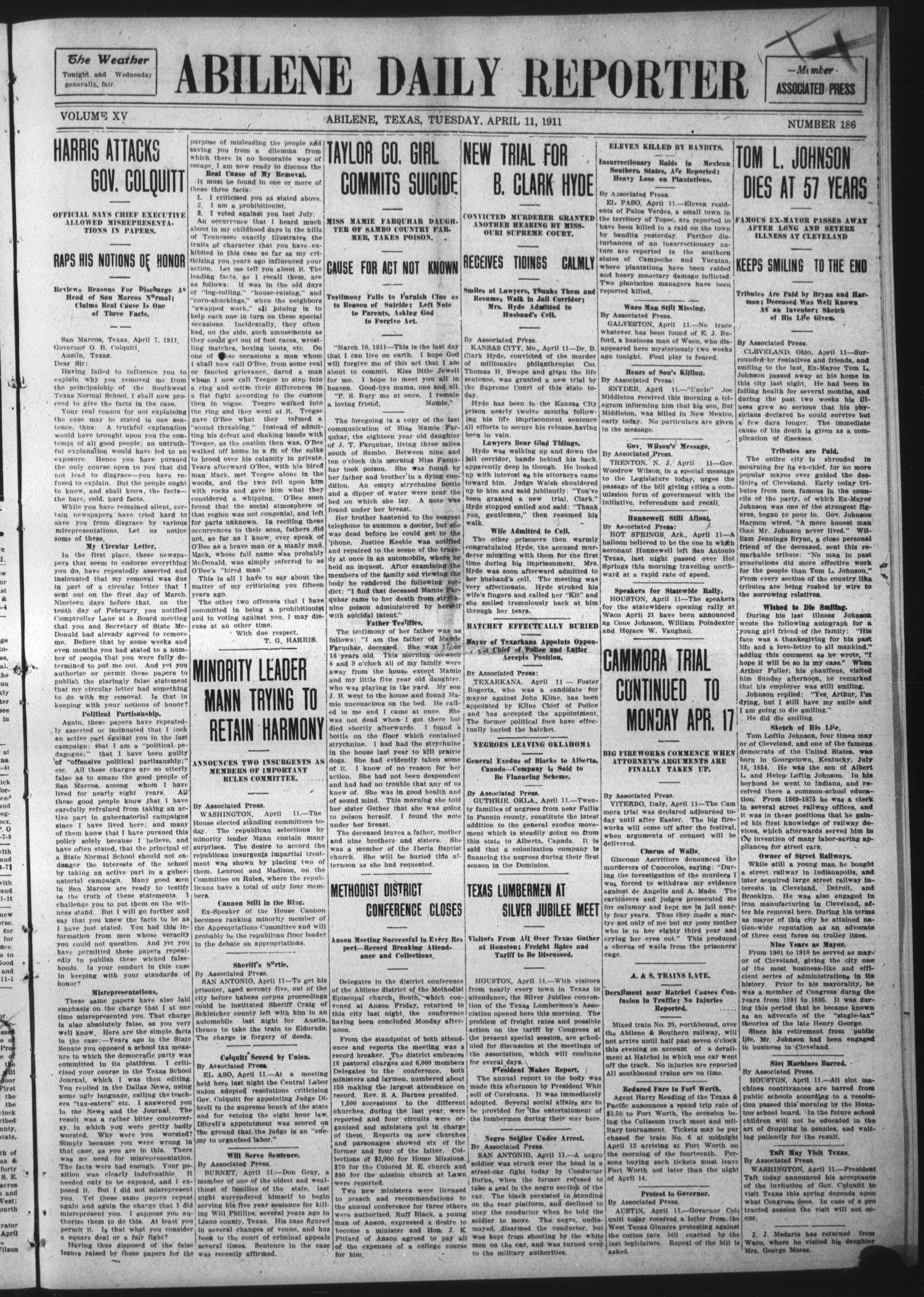 Abilene Daily Reporter (Abilene, Tex.), Vol. 15, No. 186, Ed. 1 Tuesday, April 11, 1911
                                                
                                                    [Sequence #]: 1 of 8
                                                