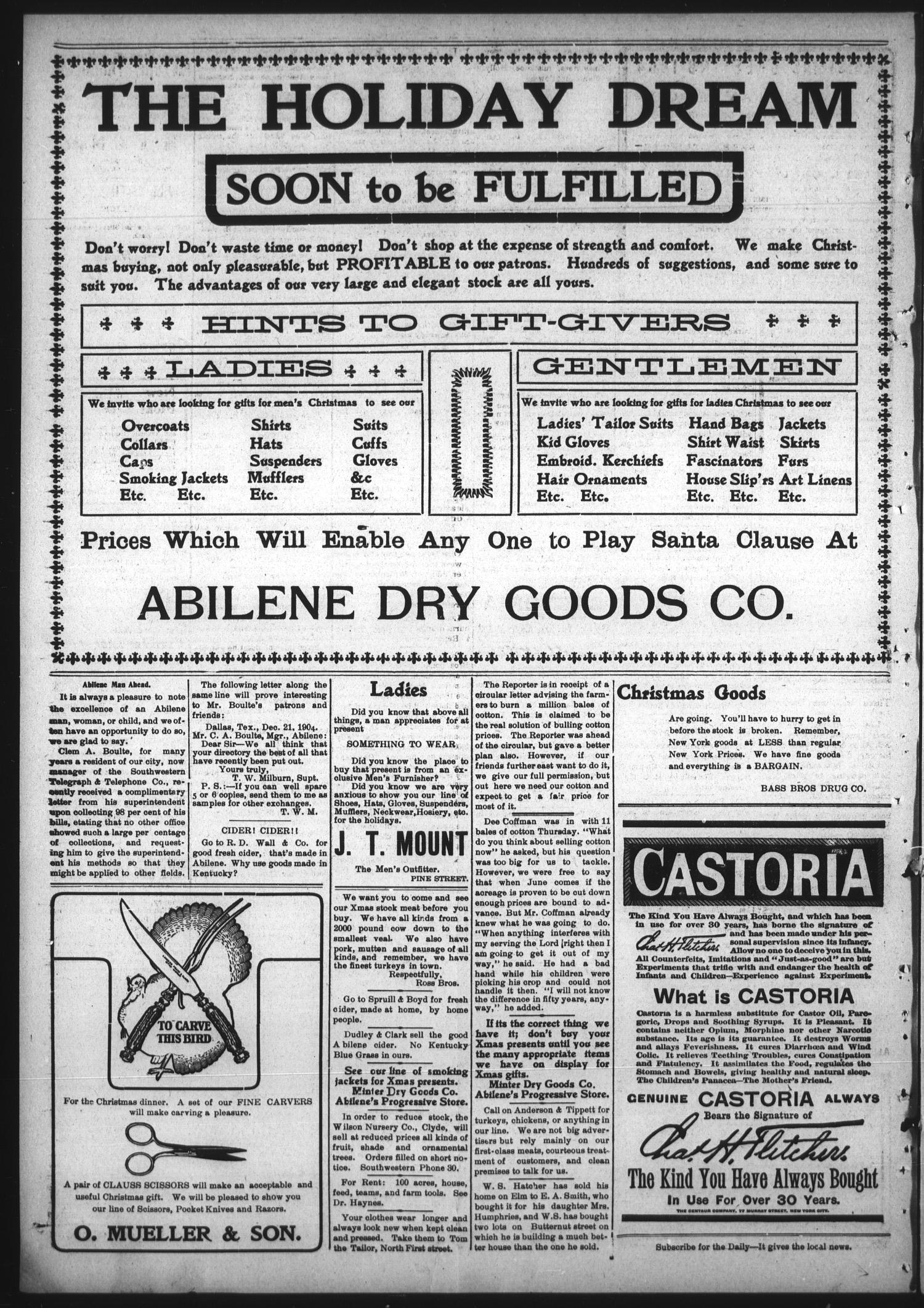 Abilene Daily Reporter. (Abilene, Tex.), Vol. 9, No. 139, Ed. 1 Friday, December 23, 1904
                                                
                                                    [Sequence #]: 4 of 8
                                                