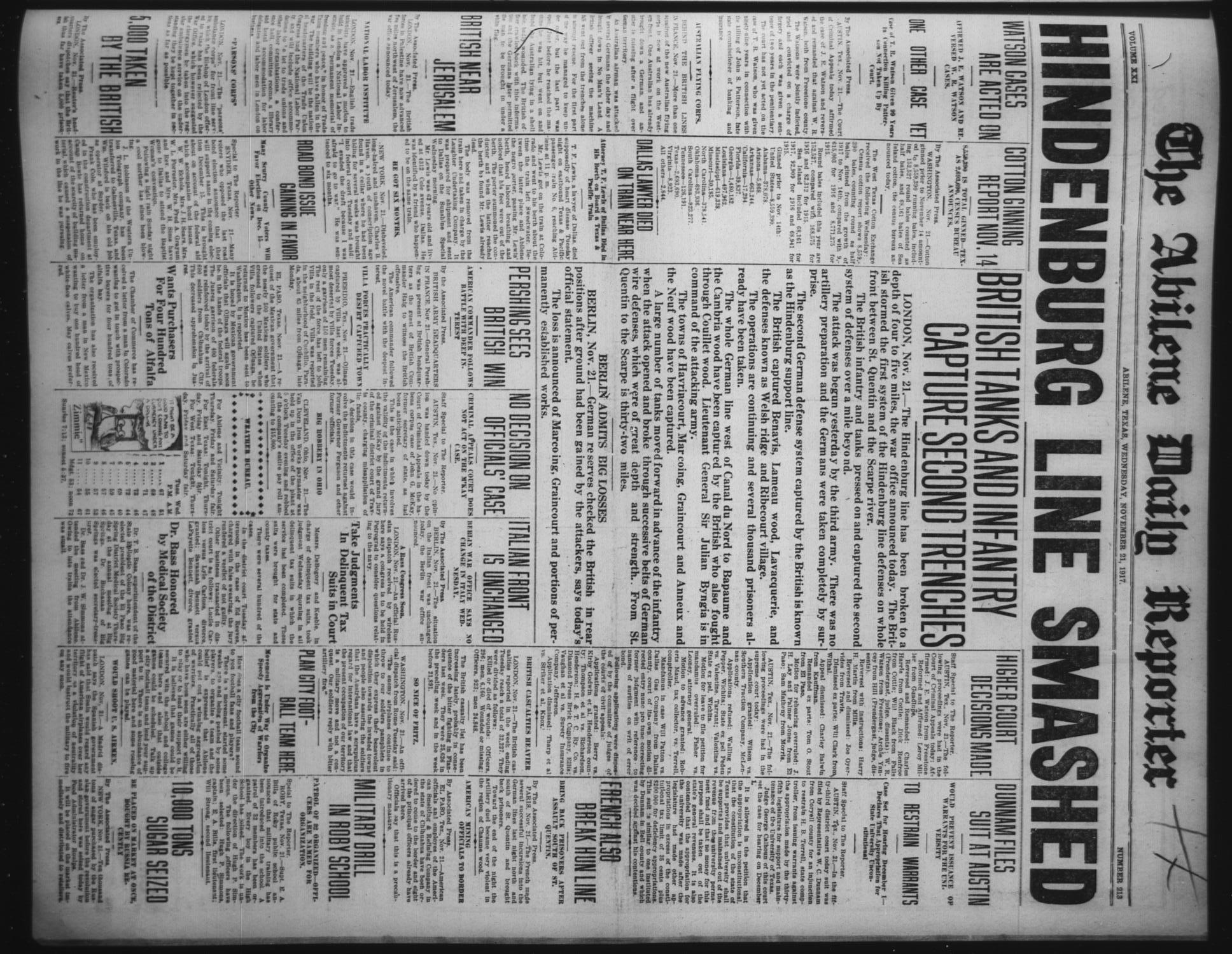 The Abilene Daily Reporter (Abilene, Tex.), Vol. 21, No. 213, Ed. 1 Wednesday, November 21, 1917
                                                
                                                    [Sequence #]: 1 of 6
                                                