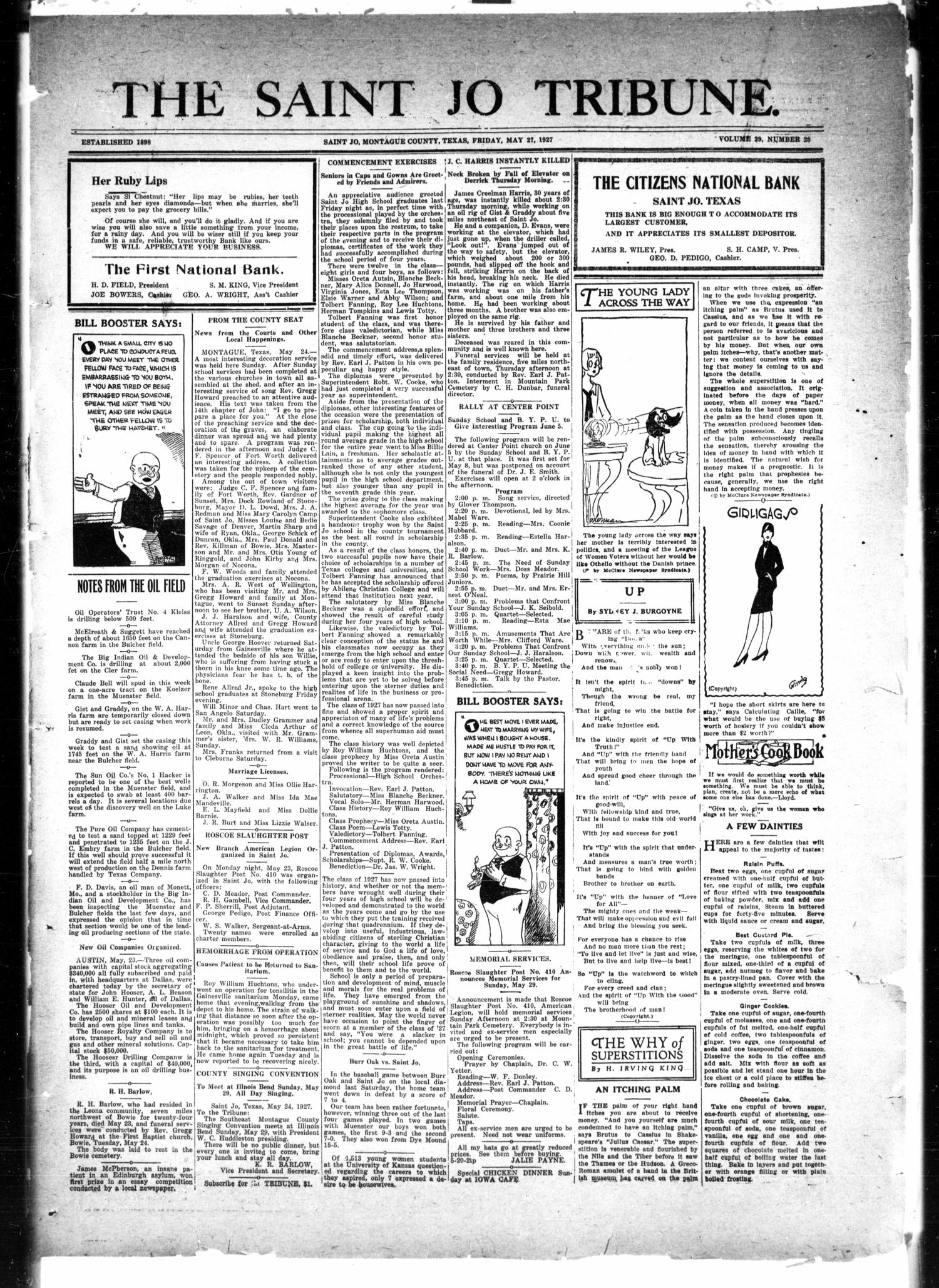 The Saint Jo Tribune (Saint Jo, Tex.), Vol. 29, No. 28, Ed. 1 Friday, May 27, 1927
                                                
                                                    [Sequence #]: 1 of 4
                                                