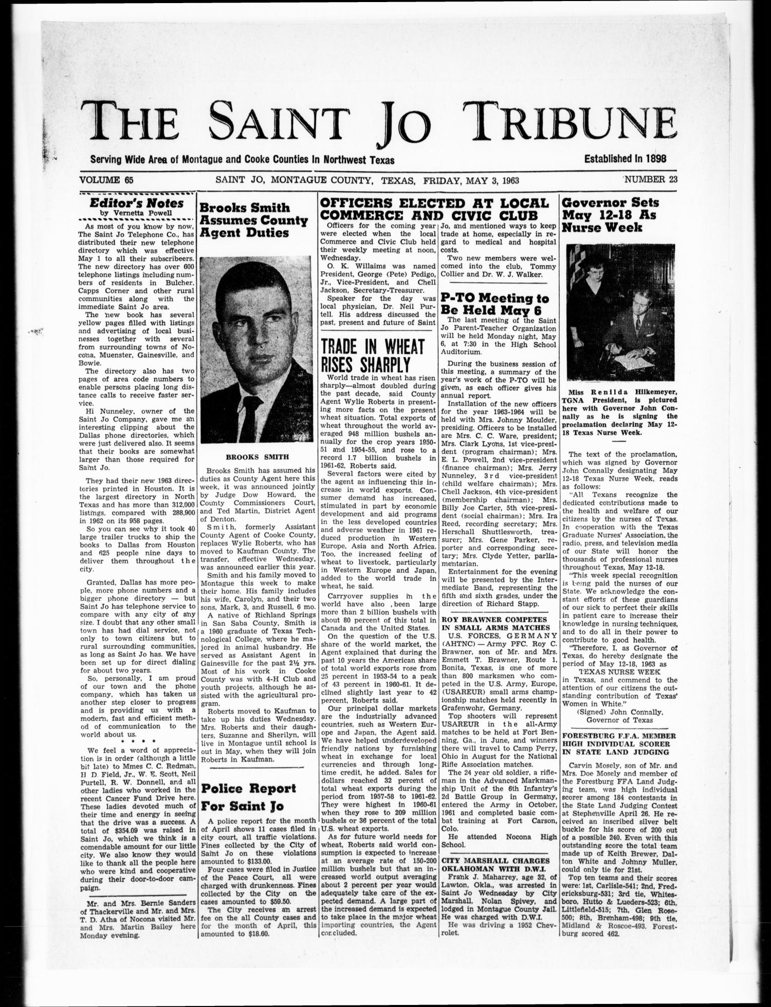 The Saint Jo Tribune (Saint Jo, Tex.), Vol. 65, No. 23, Ed. 1 Friday, May 3, 1963
                                                
                                                    [Sequence #]: 1 of 8
                                                