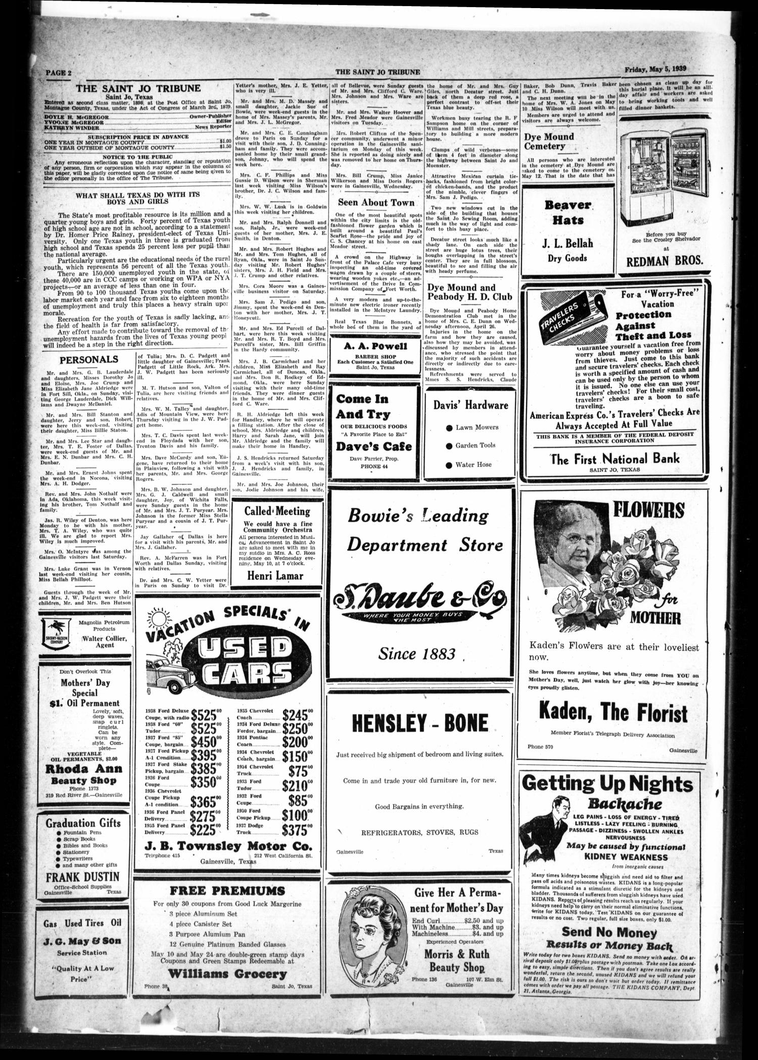 The Saint Jo Tribune (Saint Jo, Tex.), Vol. 41, No. 50, Ed. 1 Friday, May 5, 1939
                                                
                                                    [Sequence #]: 2 of 4
                                                