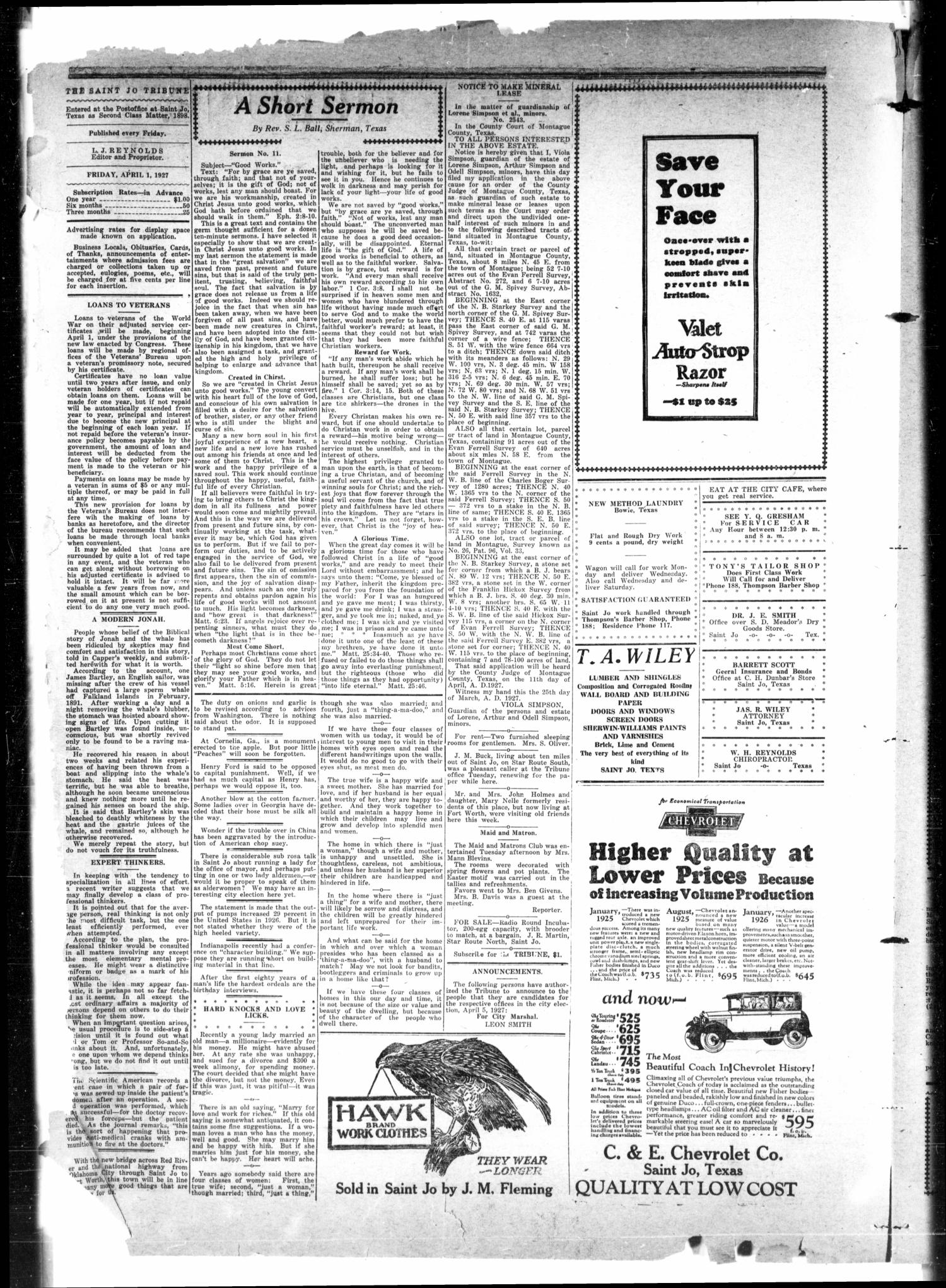 The Saint Jo Tribune (Saint Jo, Tex.), Vol. 29, No. 20, Ed. 1 Friday, April 1, 1927
                                                
                                                    [Sequence #]: 2 of 4
                                                