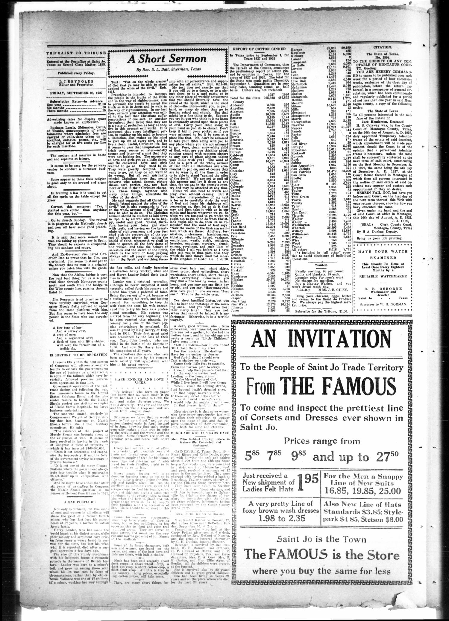 The Saint Jo Tribune (Saint Jo, Tex.), Vol. 29, No. 45, Ed. 1 Friday, September 23, 1927
                                                
                                                    [Sequence #]: 4 of 8
                                                